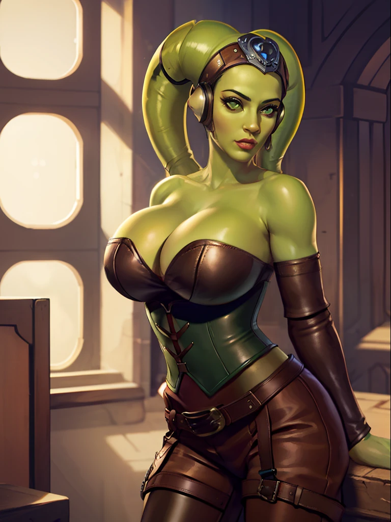 sassy, sultry, (green skin), busty Twi'lek babe, large breasts, cleavage, Jedi, brown leather, strapless corset, shoulder pad, single long sleeve, skirts, tan trousers, long boots, brown leather, buckles, straps, Star Wars,