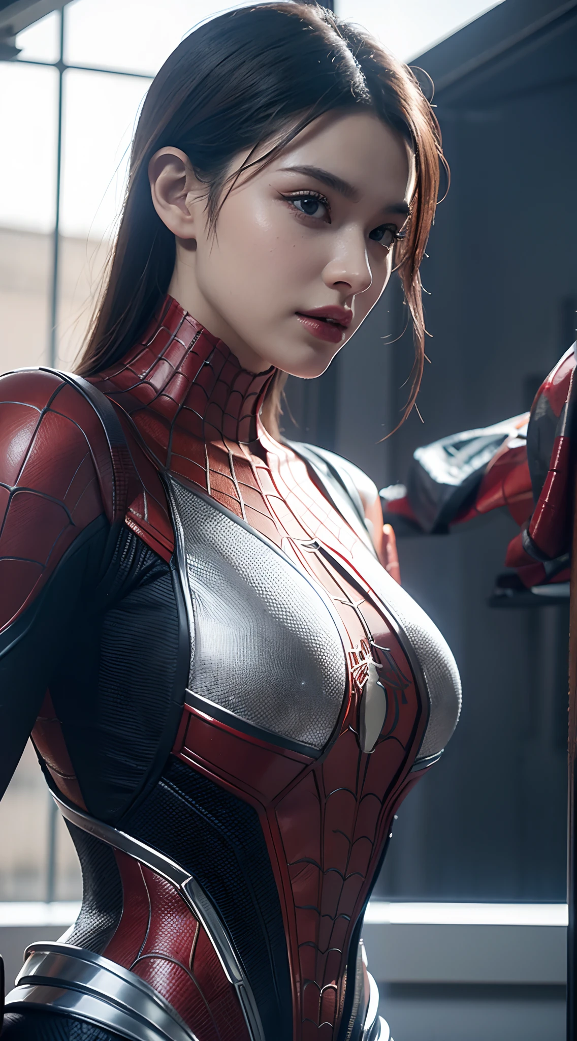 (1girl:1.3), solo, __body-parts__, official art, unified 8k wallpaper, super detailed, beautiful and aesthetic, beautiful, masterpiece, best quality, raw, masterpiece, super fine photo, best quality, super high resolution, photorealistic realism, sunlight, full body portrait, amazing beauty,, dynamic pose, delicate face, vibrant eyes, (from the front), she is wearing a Spider-man suit, red and black color scheme, spider, very detailed abandoned warehouse background, Detailed face, detailed complex busy background, messy, gorgeous, milky white, highly detailed skin, realistic skin details, visible pores, sharp focus, volumetric fog, 8k uhd, DSLR, high quality, film grain, fair skin, photo realism, lomography, huge metropolis in future dystopia, seen from below, translucent