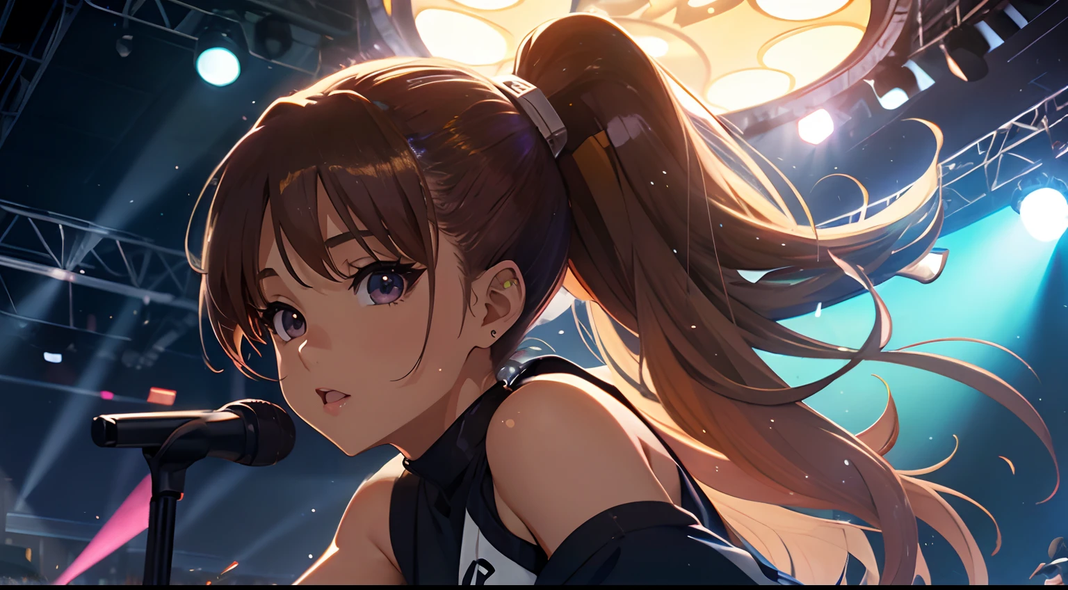 4rianagrand3, expressive eyes, ((anime)), Serenity, Anime art , Luminism, cinematic light, ponytail, brown eyes, at the stage, concert, colorful lights, dark outfit, face facing viewer, body facing camera