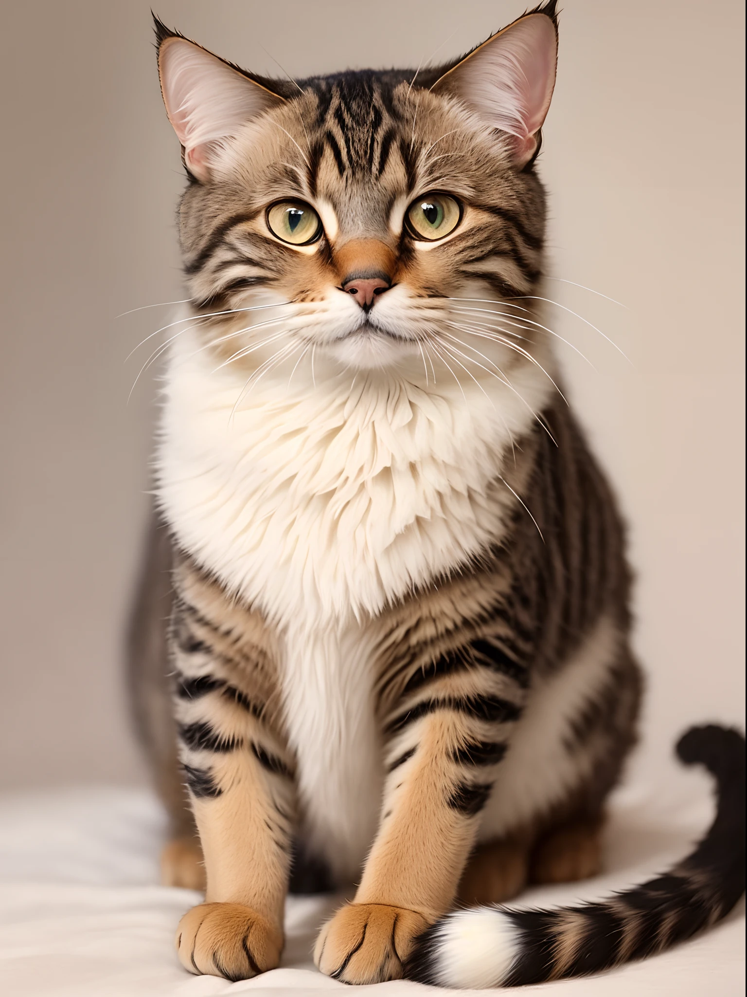 Quero uma imagem, Oil Painter, estilo da vinci, gato bem peludo, branco, olhos azuis, com pelinhos saindo nas orelhas, with a slight dark streak at the ends to the tip of the tail.