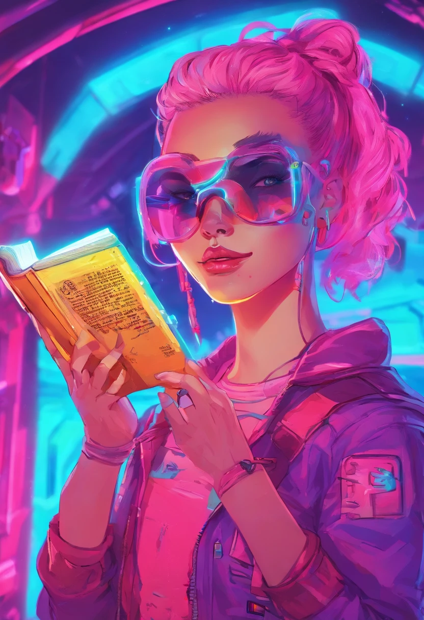 girl,Ball head,sporty attire,A glowing book floats in the air on the right,Girl hands touching a book