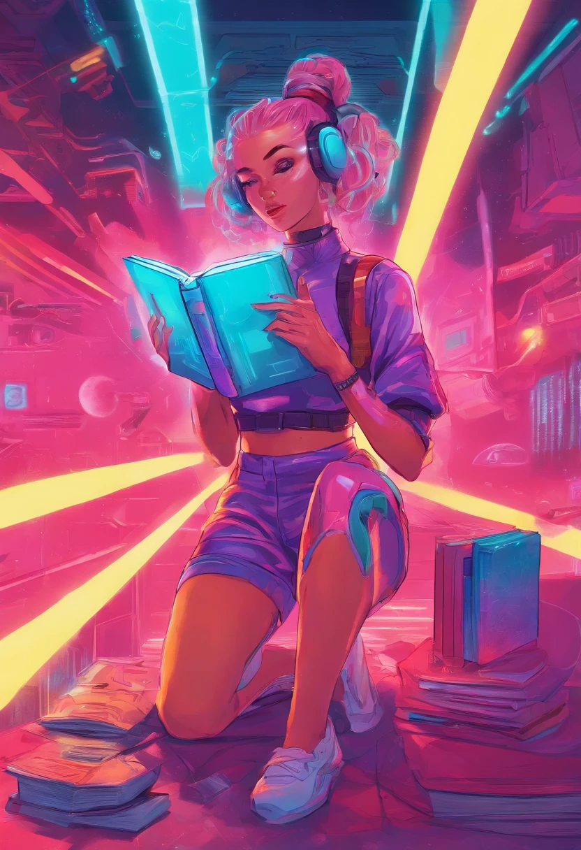 girl,Ball head,sporty attire,A glowing book floats in the air on the right,Girl hands touching a book