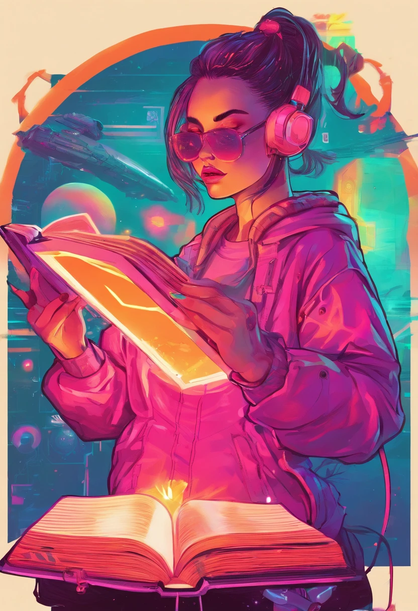 girl,Ball head,sporty attire,A glowing book floats in the air on the right,Girl hands touching a book