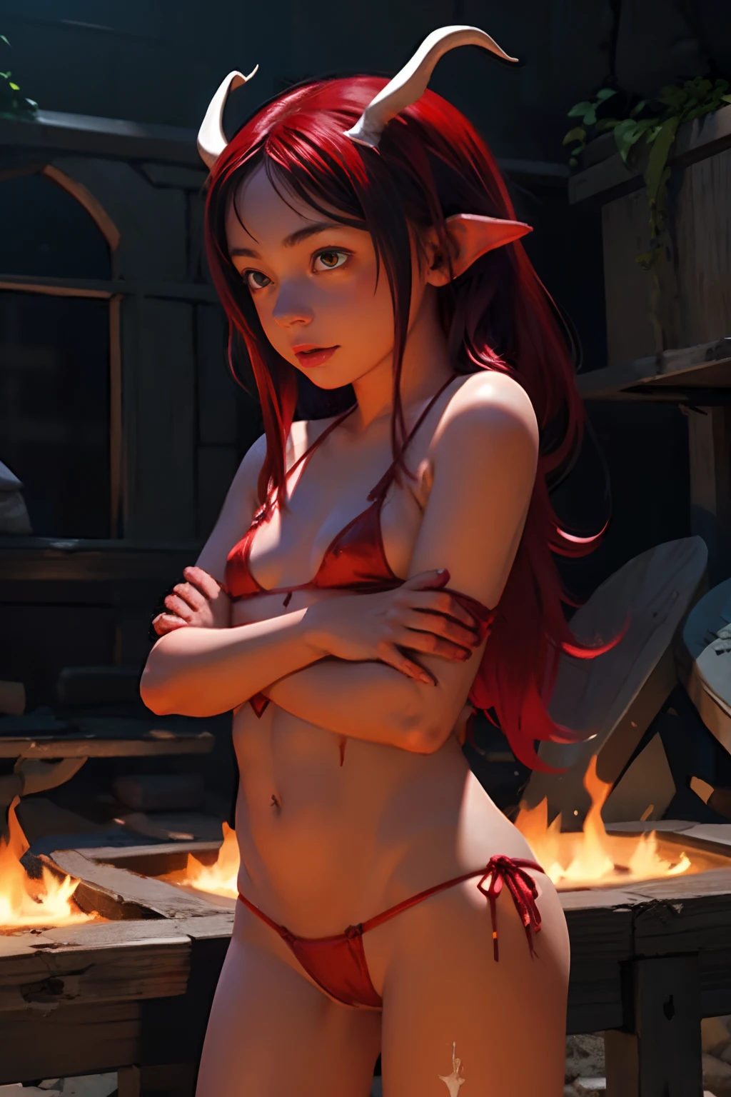 Succubus girl, young succubus girl, red skin demon girl, demon with red skin, white hair, antlers, goat horns, pointed ears, flat chest, small breasts, dark , puffy , bikini armor, tiny armor, thong, panties tiny, cameltoe, bikini, dark dungeon, abandoned ruined building, medieval dungeon, shackles,