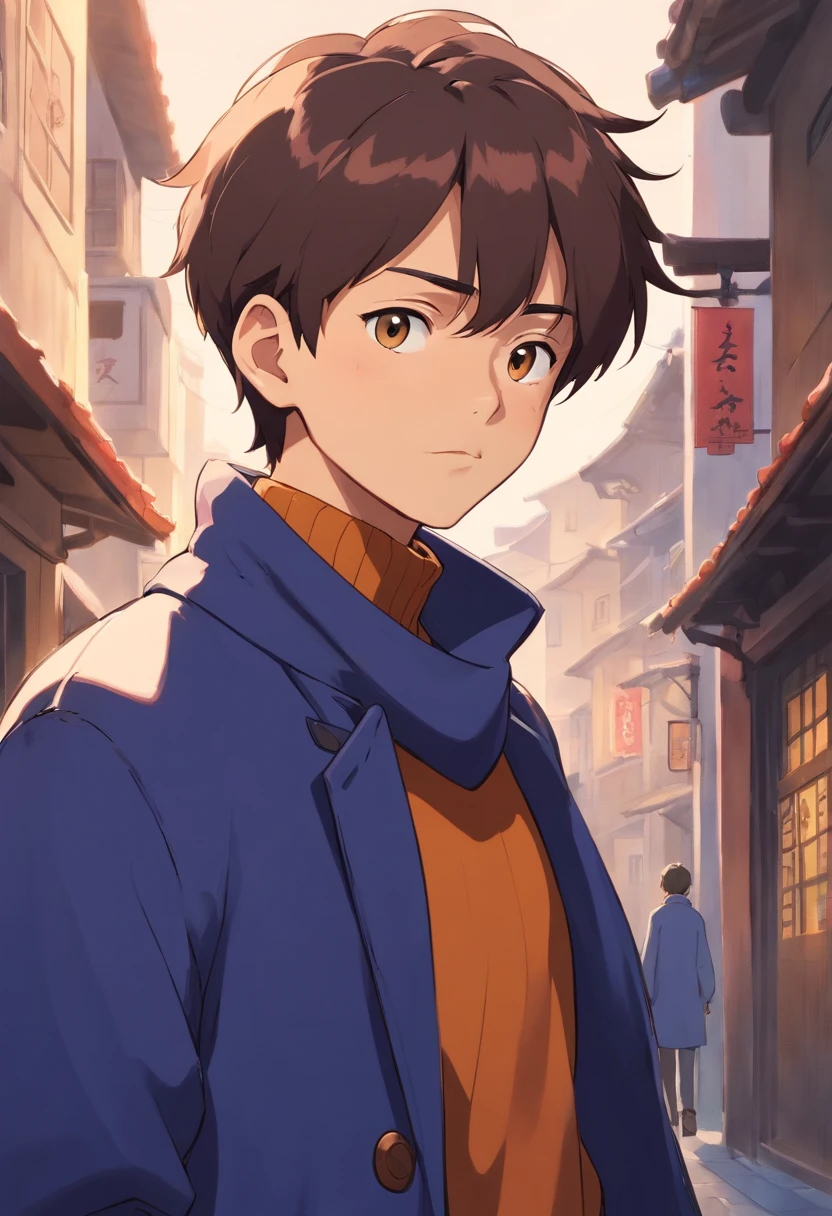 a boy, asian race, Indonesian Country, Tanned Skin, Crew Cut Hair Styling, wearing an anime turtleneck with overcoat, in the style of university, minimalist animation stills, royal blue, Casual style, honest portrayal