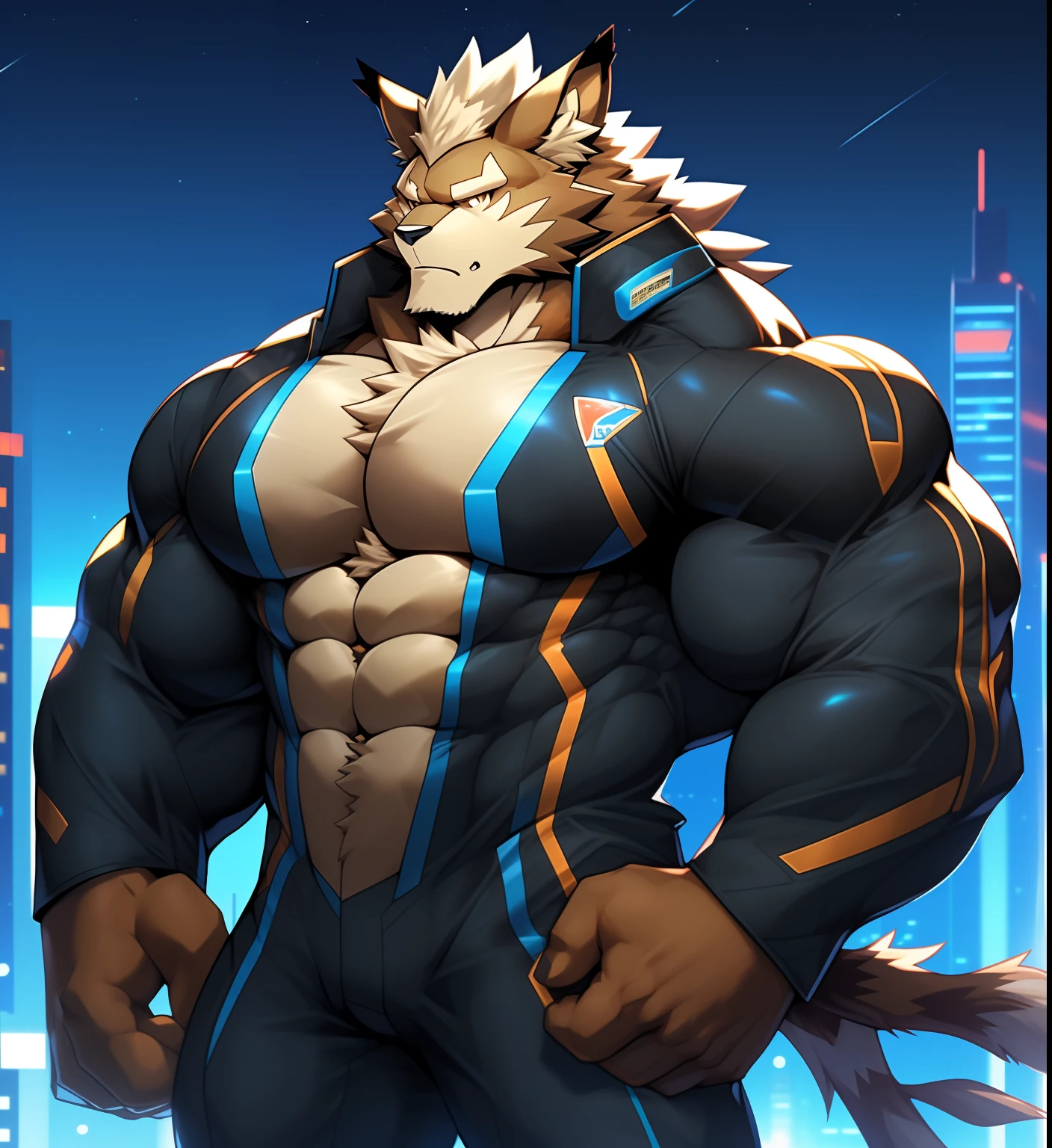 City background, skyscraper, futuristic city, night, stars, night lights, Leomon Gigachad, Superhero, hero, Nadaria, massive muscles, huge pecs, chiseled ABS, huge pecs, exaggeratedly huge muscles. A furry hero whose presence inspires trust and respect. (((His hero suit is black and brown.)))