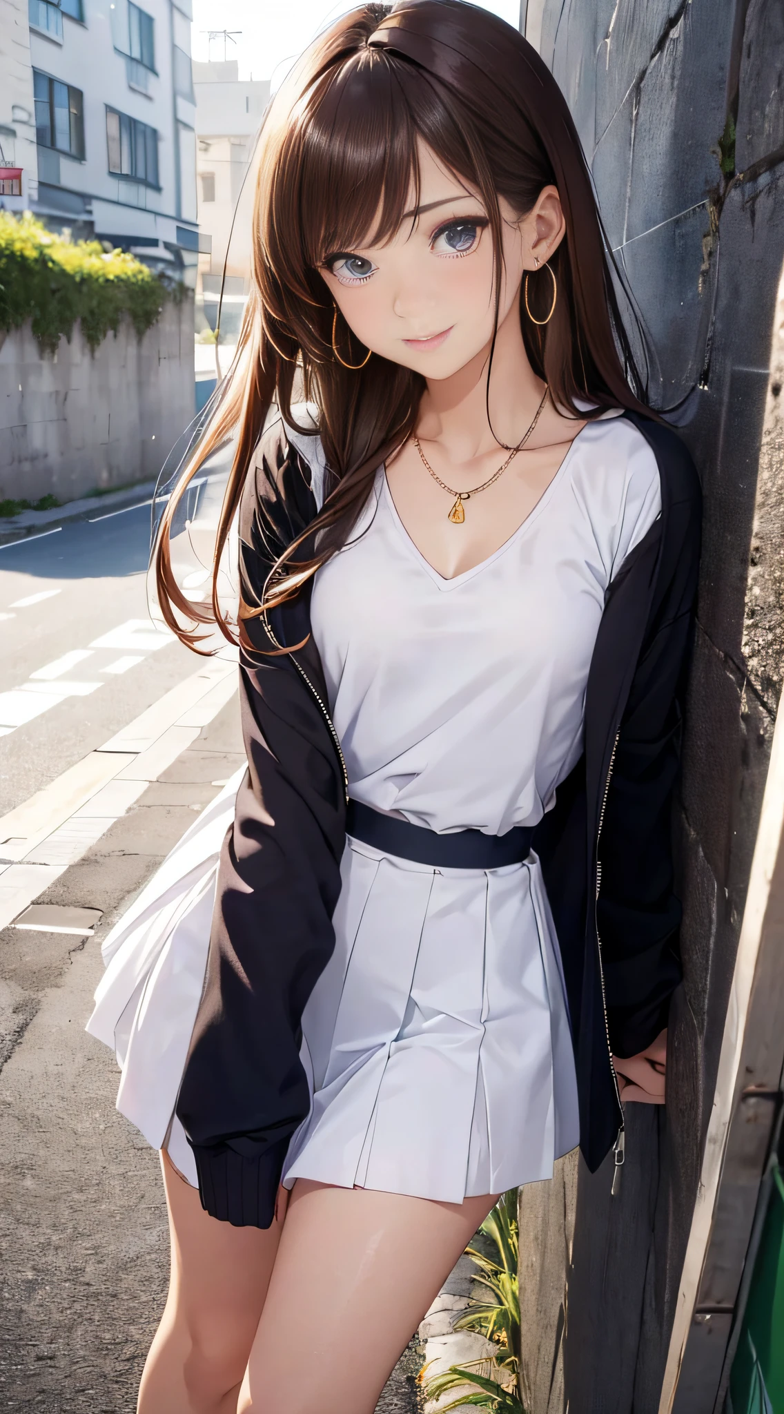 (masutepiece: 1.3), (max resolution: 1.2),, (Detailed eyes and skin), (detailed facial features), nffsw, Sharp Focus: 1.2, Perfect Style, Beautiful face, Perfect body,Highly detailed face and skin texture, Detailed eyes, Dark-blue eyes, Double eyelids, Thin eyebrows, Glitter Eyeliner: 1.2, Natural cheeks, Glossy skin, Fair skin: 1.2, shiny little necklace and earrings, (Glossy lips: 1.Very cute 25-year-old woman), Tennis Wear White panties), (Seductive smile: 1.2), ((a Innocent and cute girl:1.3)), (long, straight haired, bangss), (ligh brown hair:1.2), medium large breasts, FULL BODYSHOT Shyness tennis coat Herren cute little The shirt pleatedskirt Leaning forward sexy pose