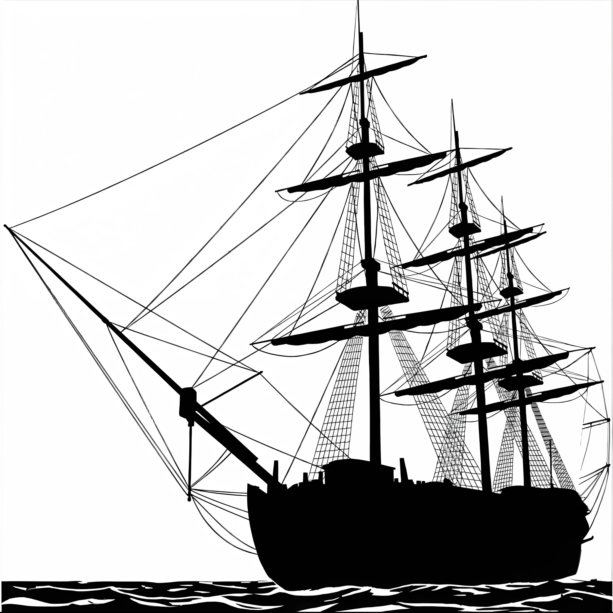 Black and white silhouette of a tall ship with sails, Sail ships, Ships with sails, Sails, masts and rigging, detailed silhouette, Old pirate ship, ships with sails underneath, Big Graphic purse seine, Sail ships, galleon, black and white vector art, sail, Inspired by Willem van de Velde the Younger, Ian Spriggs