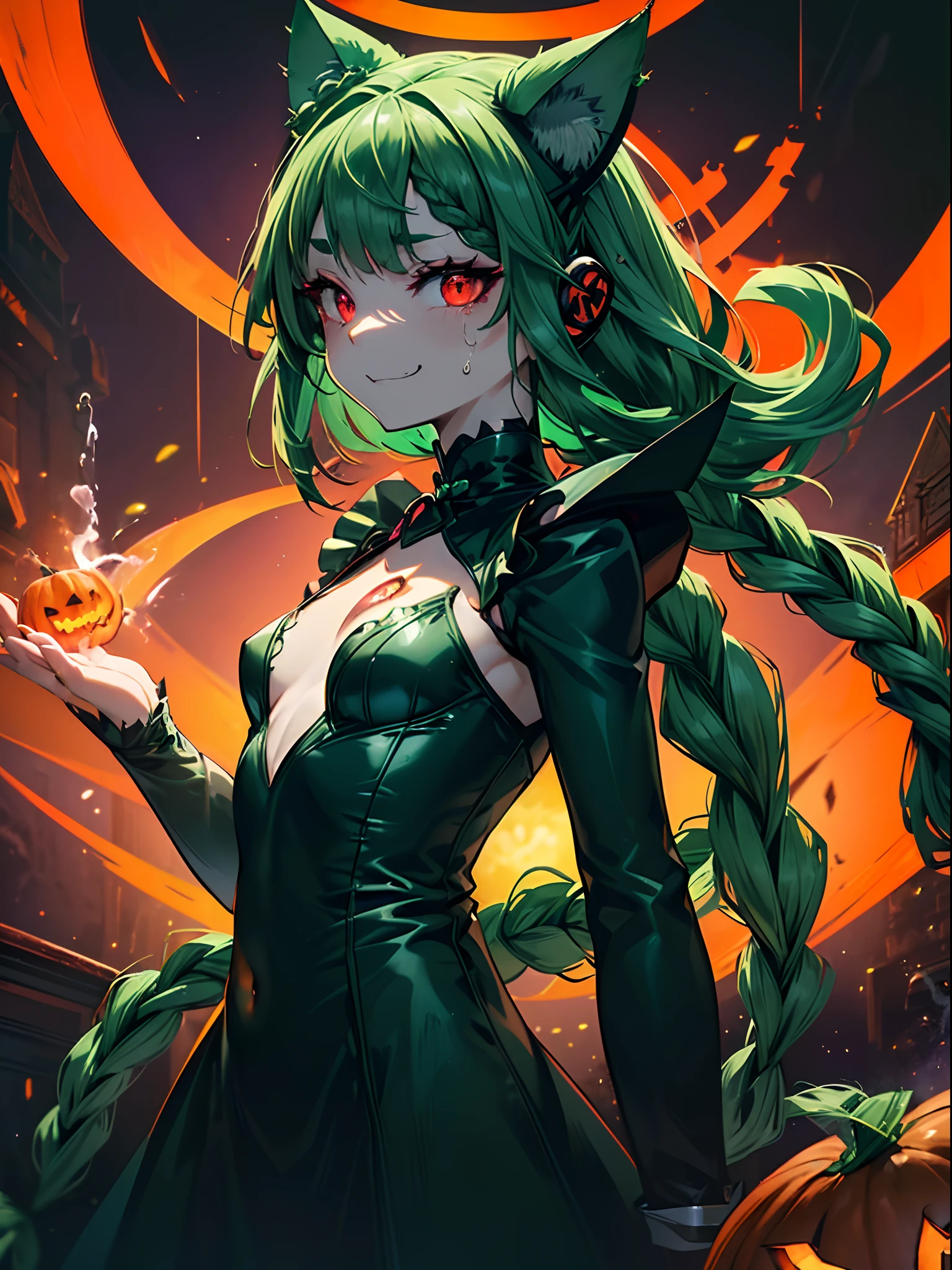 long hair pigtails, dark green hair, red lipstick, red eyes, drinking wine, goth dress, flying bats, blood on clothes