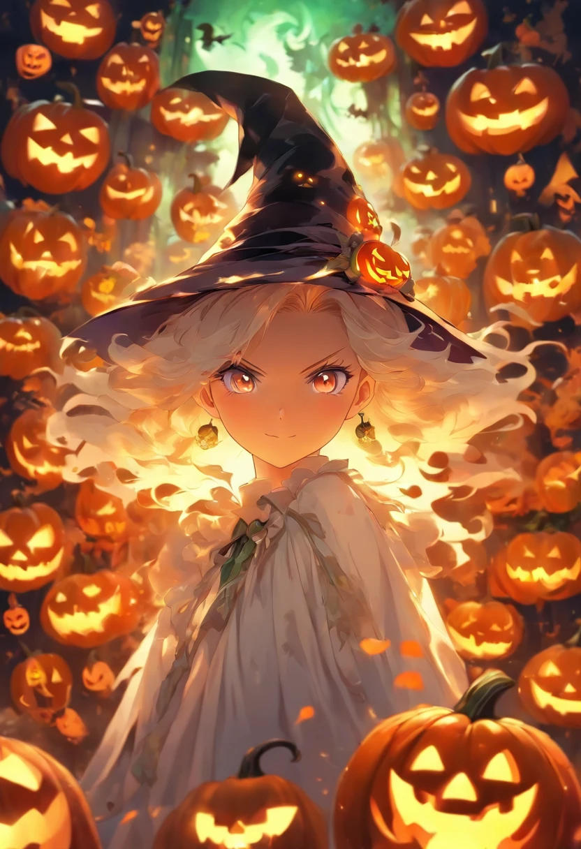 white backgrounid、full bodyesbian、Halloween、face perfect、perfect hair、Top resolution、witch outfit、Pumpkin Ghost