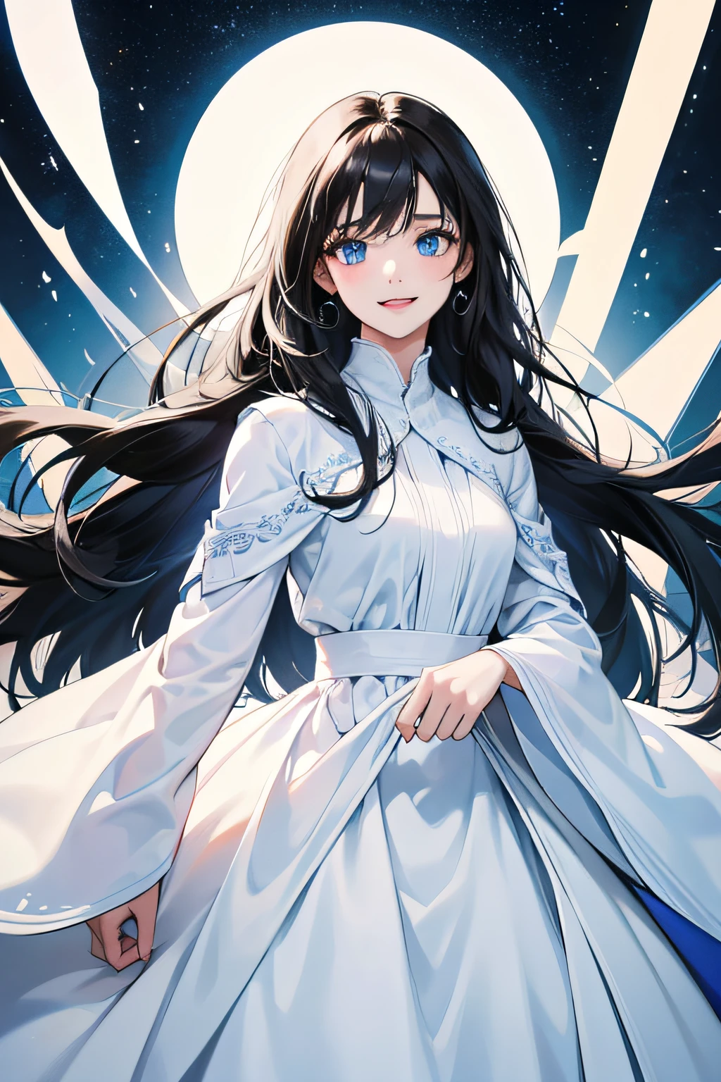 1 girl, high res, long black hair, blue eyes, wearing beautiful and modest white dress, happy and excited, holding color pallet, artist ultrasharp, 8K, masterpiece, looking at the viewer