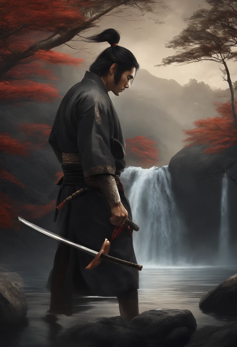 (Man vs Woman in Death Game).Close-up portrait of a samurai cutting water with a sword,Long black hair with a scar on the forehead of the cut,Handsome grown man,short beard,Appreciate the shovel flowing like water and the tranquility,Master with a sword,Samurai with a black kimono,Super sharp and shiny sword,under a waterfall,Waterfall with rocks and river,anime styled,Graphic Arts,hightquality,Hydes Definition,masterpiece,Professional drawing quality,lots of detail,Defined colors,thickline,