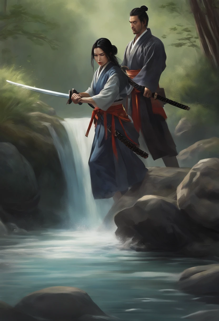 (Man vs Woman in Death Game).Close-up portrait of a samurai cutting water with a sword,Long black hair with a scar on the forehead of the cut,Handsome grown man,short beard,Appreciate the shovel flowing like water and the tranquility,Master with a sword,Samurai with a black kimono,Super sharp and shiny sword,under a waterfall,Waterfall with rocks and river,anime styled,Graphic Arts,hightquality,Hydes Definition,​masterpiece,Professional drawing quality,lots of detail,Defined colors,thickline,