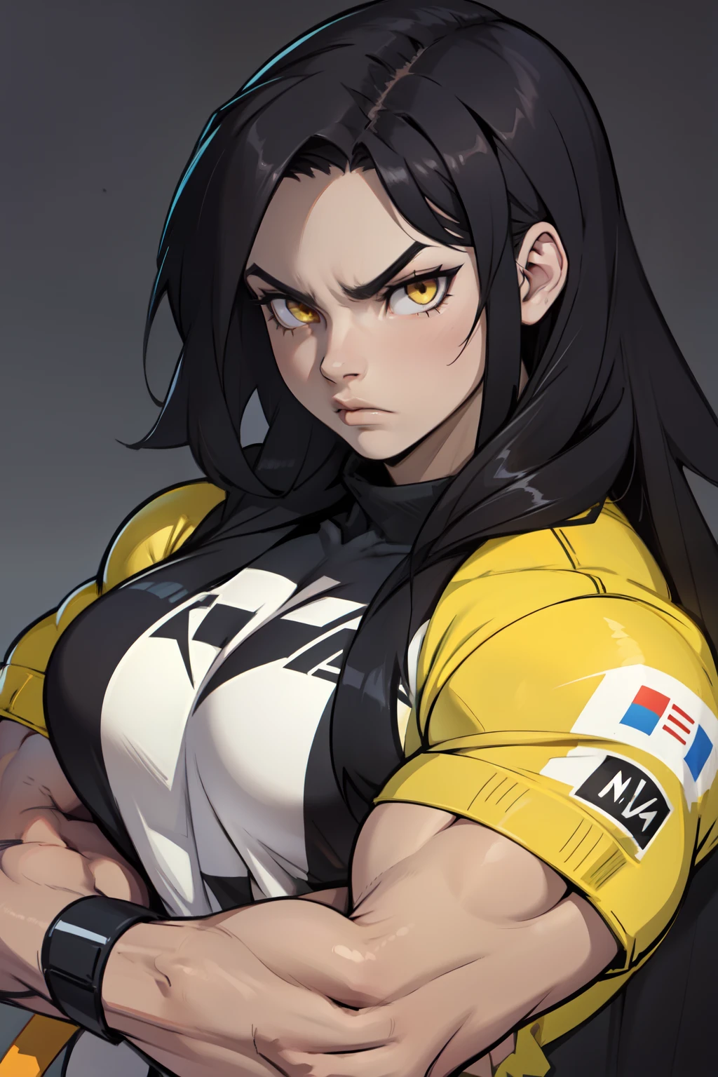 angry ((((1girl)))) (((bodybuilder))) pale skin black hair very long hair yellow eyes