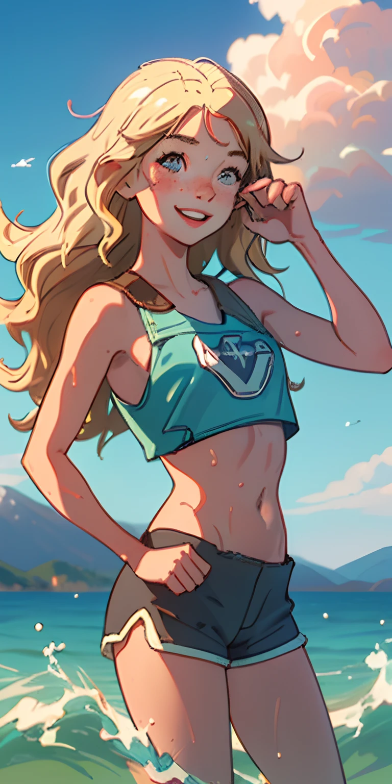 (best quality, masterpiece), 1girl, upper body, paw pose, smile, laughing, happy, ocean, crop top, shorts, blonde, freckles, blush, looking at viewer, wavy hair, long hair, cloud, splashing, waves, sun, mountain, wet