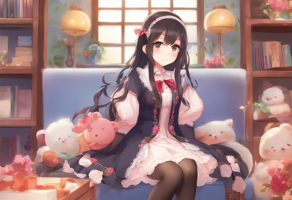 Anime girl with long black hair, an anime drawing by Jin Homura, pixiv, shin hanga, Anime Girl with Long Hair, marin kitagawa fanart, hanayamata, with long black hair, anime moe art style, Is , (Anime Girl), Anime visuals of cute girls　A sexy　Chest emphasis　Muchimuchi thighs　with blush cheeks　Black dress　gothic dress　Black tights