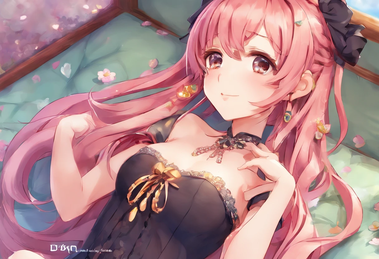 in 8K、top-quality、masterpiece、ultra-detailliert、Ultra-high resolution、Anime style、on the beds、laying on back、Pink cheeks、pink lipsticks、A dark-haired、Braided hair、weddingdress、flower petals、open limbs