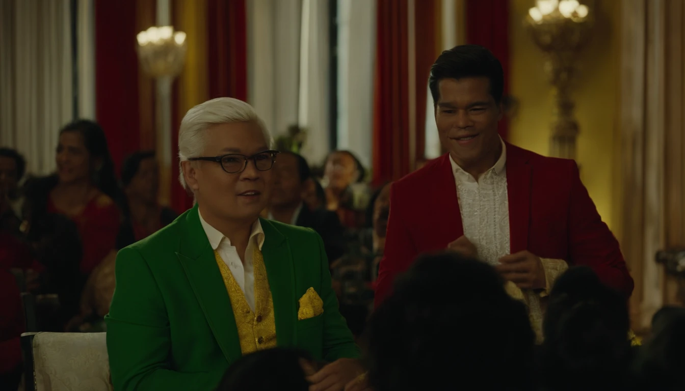 three adult men sitting on a stage, (the man in the middle with an Indonesian face with white hair and wearing a full red jacket with a friendly and happy expression) (the man on the right with an Indonesian face, slightly fat body with short hair style wearing a full jacket yellow with a firm face) and (the man on the left with an Indonesian face wears glasses with a short hairstyle and wears a green suit with a flat and serious face) serious stage atmosphere, cinematic, detailed, without noise, high quality, photorealistic
