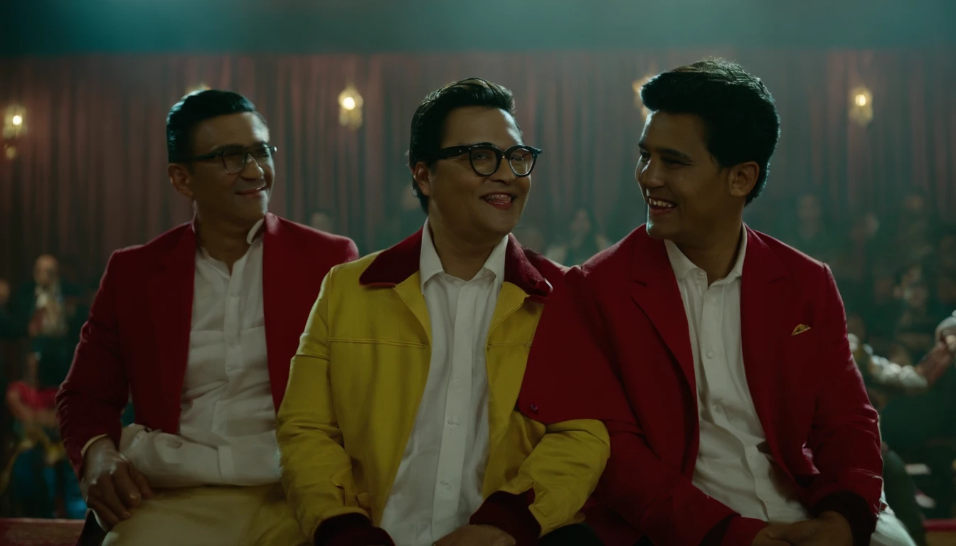 three adult men sitting on a stage, (the man in the middle with an Indonesian face with white hair and wearing a full red jacket with a friendly and happy expression) (the man on the right with an Indonesian face, slightly fat body with short hair style wearing a full jacket yellow with a firm face) and (the man on the left with an Indonesian face wears glasses with a short hairstyle and wears a green suit with a flat and serious face) serious stage atmosphere, cinematic, detailed, without noise, high quality, photorealistic