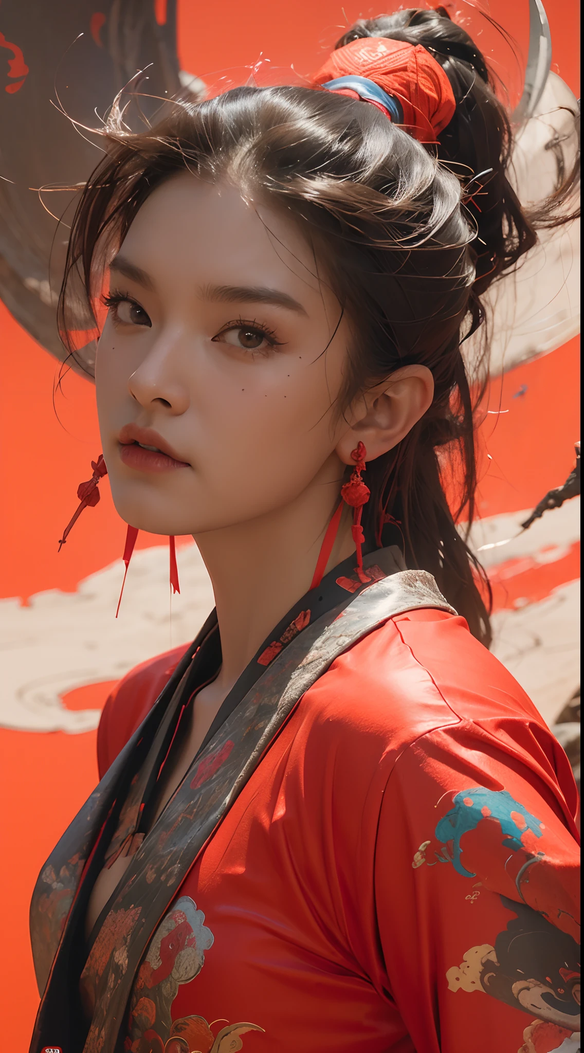 Red background，A look of determination，colorful vivid octane render, cybernetic and highly detailed, loba andrade from apex legends, created in unreal engine 5, made in unreal engine 5, trending on unreal engine 5, Antique portraits, Martial arts fantasy style 8k octane rendering, rendered in unreal 5, rendered in high octane