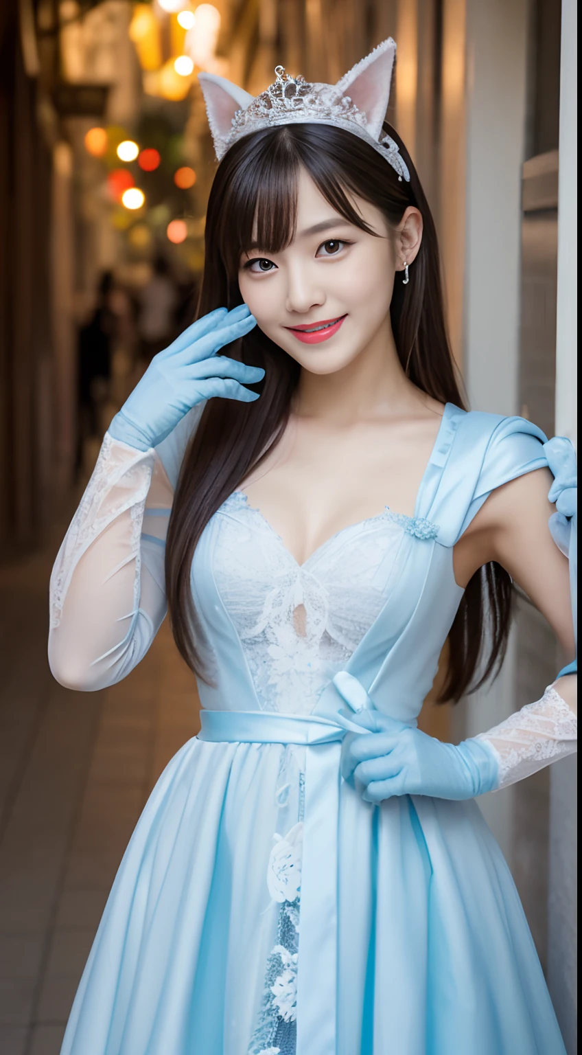 (top-quality、超A high resolution、masterpiece:1.3), a tall and beautiful woman, Midhair with bangs, Detailed moisturized eyes, Textured skin, Best Quality, in 8K, blurry backround, ((thin-waist, skinny thigh:1.1, long legged)), (Colossal tits), Natural Color Lip, ssmile, Young woman in perfect style, You are in the downtown area, Snow Queen Costume, Blue lace, tiny girl, Cat Hand Gloves, Katyusha, Pumpkin Lantern