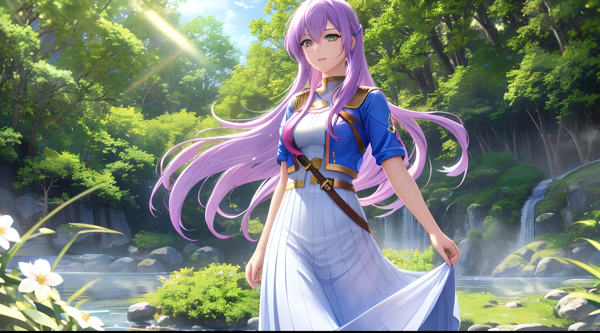 Athena with plain long light purple hair,hair between eyes,green eyes,rosy cheeks,full lips,thin eyebrows,slender body,wearing dc comics supergirl costume and full long skirt,cute anime girl,full body,flowers field with waterfall in background,anime style,Lumen Reflections,Screen Space Reflections,Diffraction Grading,Chromatic Aberration,GB Displacement,Scan Lines,Ray Traced,Anti-Aliasing,FXAA,TXAA,RTX,SSAO,Shaders,OpenGL-Shaders, GLSL-Shaders,Post Processing,Post-Production,cell Shading,Tone Mapping,CGI,VFX,SFX,insanely detailed and intricate, 4K,standing, solo, masterpiece, best quality, detailed face, detailed eyes, highres, standing, solo,masterpiece, best quality
