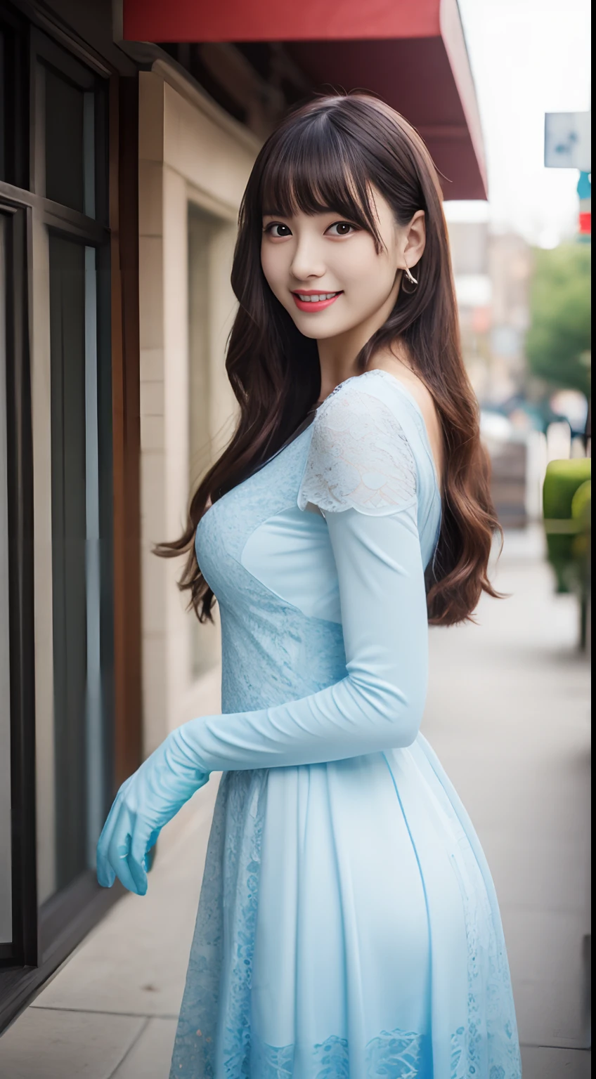 (top-quality、超A high resolution、​masterpiece:1.3), a tall and beautiful woman, Midhair with bangs, Detailed moisturized eyes, Textured skin, Best Quality, in 8K, blurry backround, ((thin-waist, skinny thigh:1.1, long legged)), (Colossal tits), Natural Color Lip, ssmile, Young woman in perfect style, You are in the downtown area, Snow Queen Costume, Blue lace, tiny girl, Cat Hand Gloves, Katyusha, Pumpkin Lantern