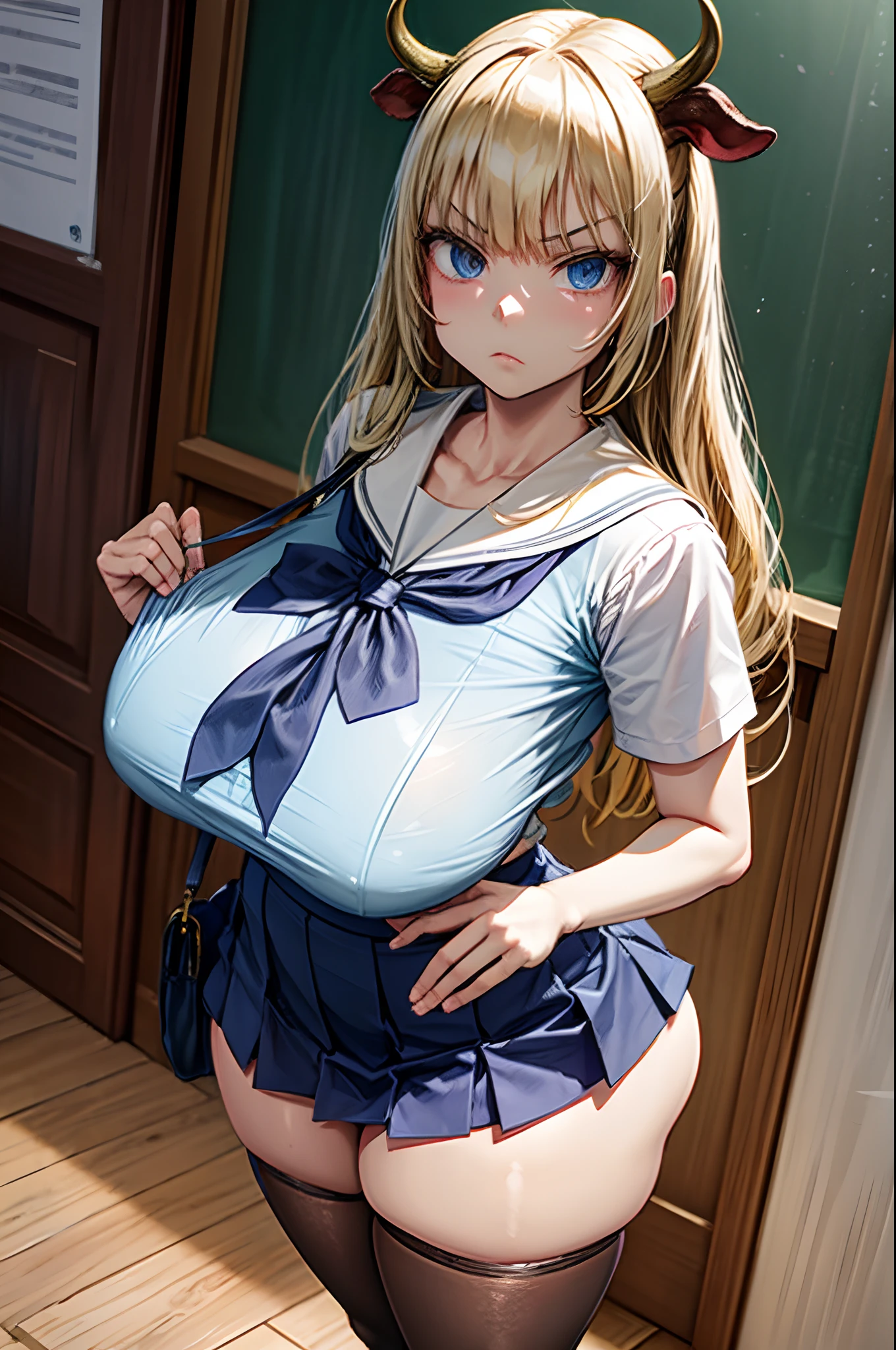 solo, best quality, masterpiece, extremely detailed CG, extremely detailed 8K wallpaper, extremely detailed character((day:1.5)),(indoors), (very detailed background) young woman, cow girl, cow horns, demi-human, cow ears, sailor school uniform, short sleeved white school shirt, blue school ribbon, golden blonde hair blue skirt, brown shoes fair skin, long straight blonde hair, cow tail. black thigh highs, arrogant expression, glaring at viewer gigantic breasts bigger than head, looking at viewer, very wide hips, slim waist, Beautiful Nose, perfect eyes, perfect face, beautifully detailed blue eyes, hands behind back, facing viewer, school classroom background