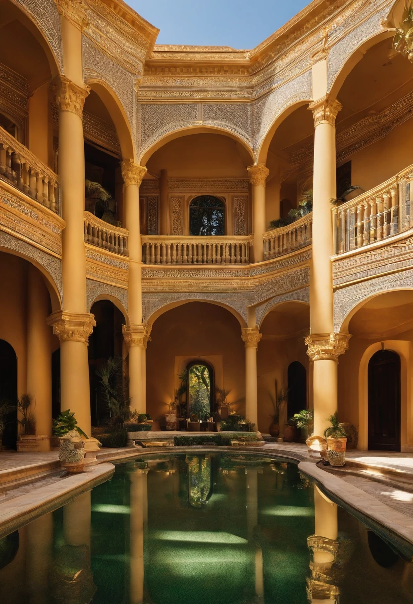 I want the external appearance of a mansion if two floors, giant, a mix of modern and classical architecture, having Egyptian touches in general, including the colors, they being more burnt and golden, will have a greenhouse + quiosque + piscina + jardim na parte dos fundos