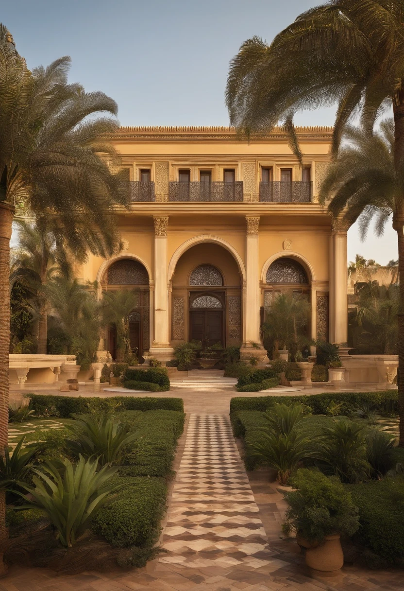 I want the external appearance of a mansion if two floors, giant, a mix of modern and classical architecture, having Egyptian touches in general, including the colors, they being more burnt and golden, will have a greenhouse + quiosque + piscina + jardim na parte dos fundos