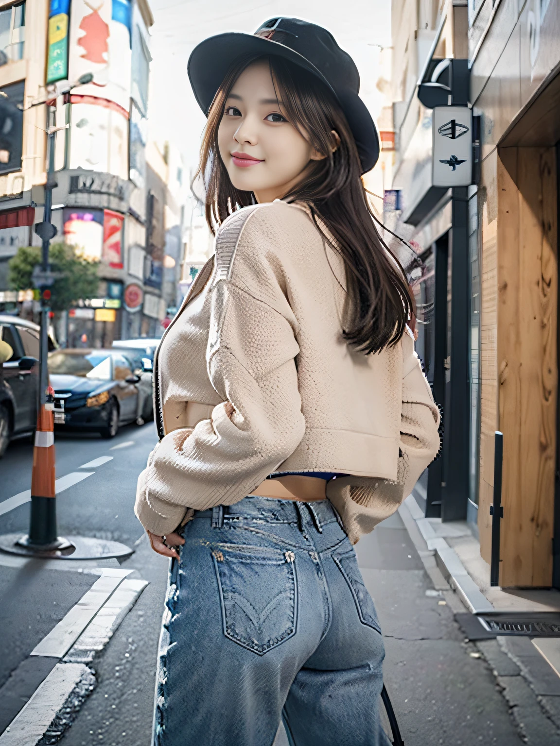 Photorealistic, high-quality 32k photo of a beautiful Japanese girl in a trendy outfit, with detailed eyes and a playful smile, walking through a bustling shopping district. She’s wearing a fashionable jacket over a casual top and skirt, paired with sneakers and a crossbody bag, her hair styled in loose curls. The image captures her full body with the lively streets in the background, emphasizing her vibrant energy and the dynamic urban environment,(Flirtingly lifting her skirt to show her panties:1.3),(stick out butt:1.3)
,
