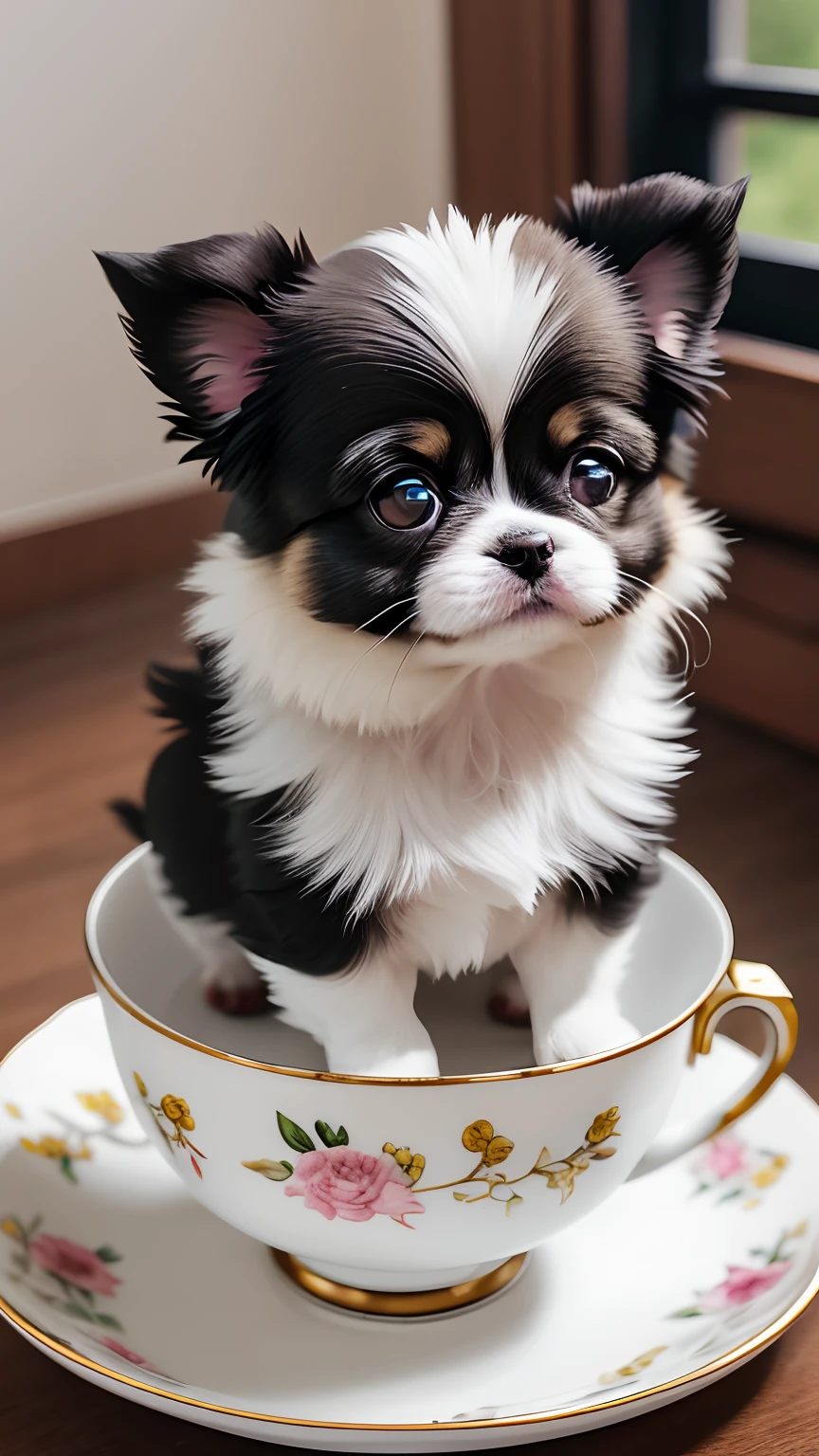 A small black and white mixed Pekingese Chihuahuahua in a teacup in a sunny room wears a ribbon, photographed with Sony Alpha 9, Bella, puppies, nuggets, shot in Canon 8 0 d, shot with Canon EOS 5 d Mark IV, cute dog, shot with Canon 5d mk4, shot with Sony A7r camera, shot with Canon EOS R 6, octa 8k,