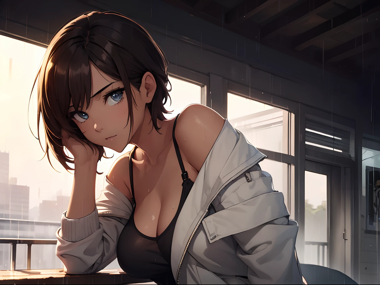 ((masterpiece , best quality)), close-up shot, ((( 1 girl ))), brown hair, cool looking woman, short hair, tomboy, mature woman, expressive eyes, heterochromaia eyes , (perfect female proportions), (very large breasts), long legs, skinny legs, slim hips, off shoulder jacket, tank top, tomboy, milfication, mature female, casual clothes, the loneliest girl, artistic, rainy day, wet, golden hour, rain, sad, Serenity, Anime art , Luminism, Focus on Woman, chaotic, High Creative, Dynamic, informative, High detailing, cinematic light