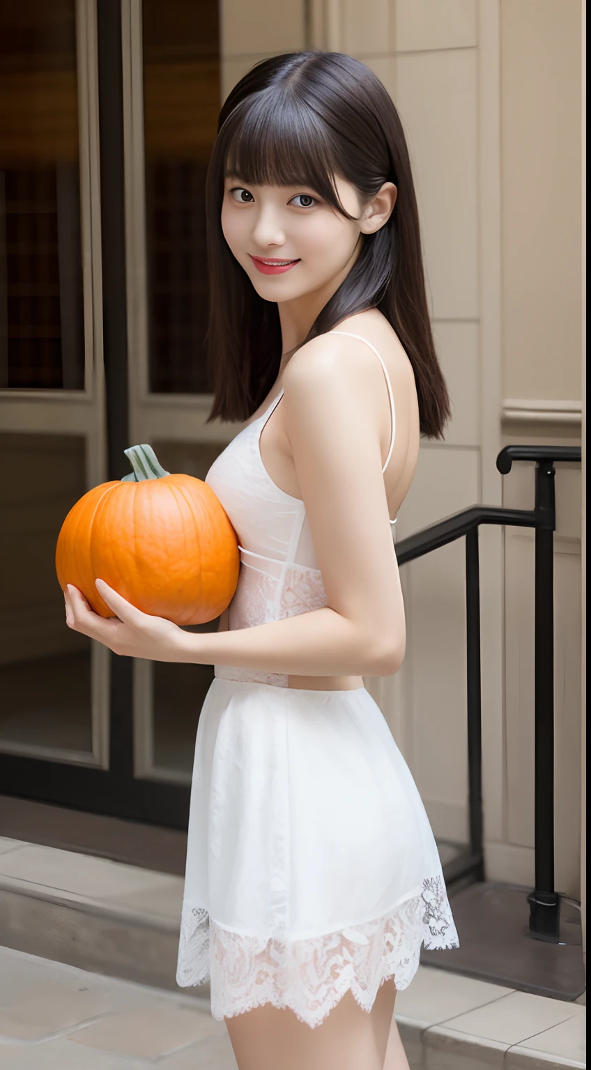 Girl, brown long hair, big boobs, white, (Halloween lingerie), pink background, pumkins, (squat in big pumkins), many pumkins, spooky, autumn leaves, maple