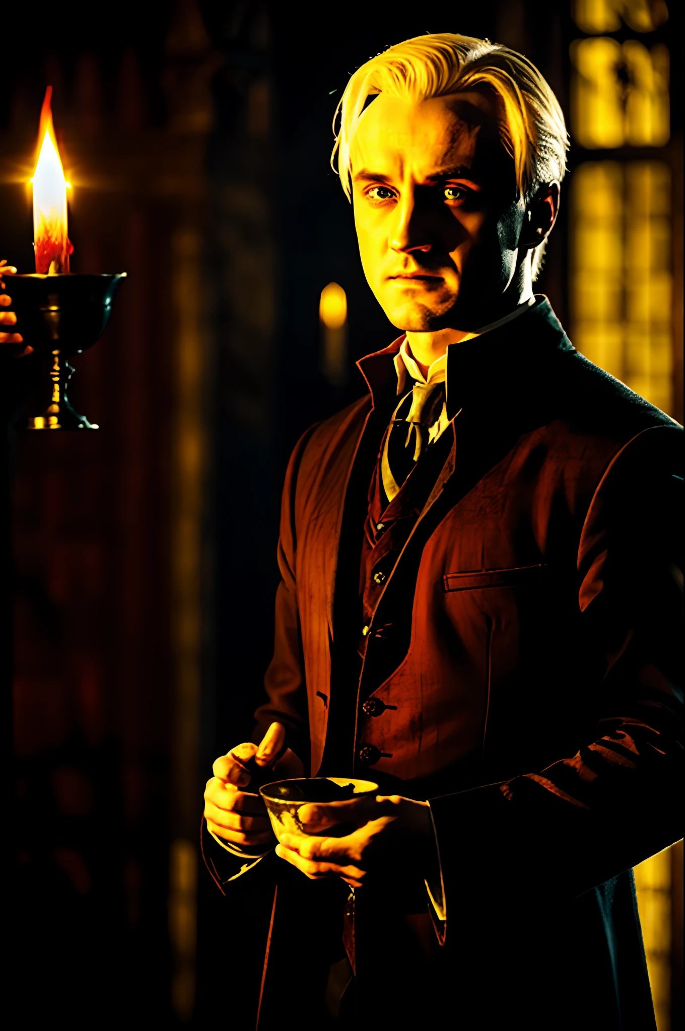 color photo of Draco Malfoy during the blood-drinking ritual, his eyes glowing with an eerie light. The dimly lit room amplifies the intensity of the moment, as Draco's pale complexion contrasts with the crimson liquid in the chalice he holds. The ethereal glow in his eyes hints at the dark magic and power coursing through his veins. The scene captures the haunting and otherworldly nature of the ritual, leaving an indelible impression —c 10 —ar 2:3