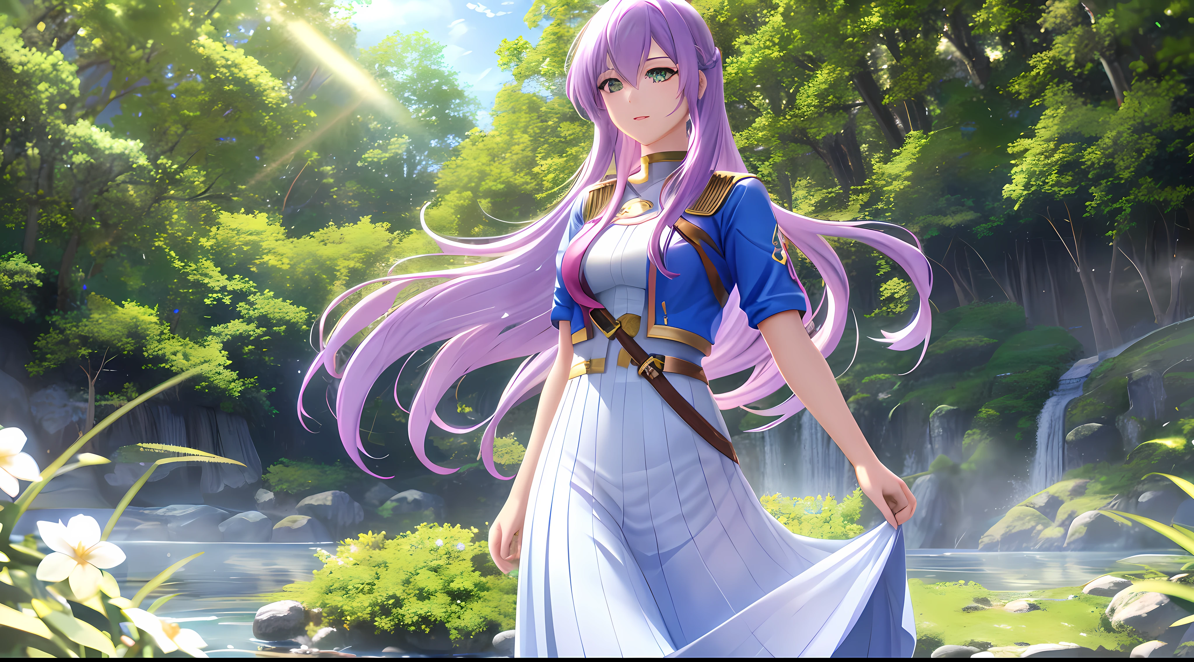 Athena with plain long light purple hair,hair between eyes,green eyes,rosy cheeks,full lips,thin eyebrows,slender body,wearing dc comics supergirl costume and full long skirt,cute anime girl,full body,flowers field with waterfall in background,anime style,Lumen Reflections,Screen Space Reflections,Diffraction Grading,Chromatic Aberration,GB Displacement,Scan Lines,Ray Traced,Anti-Aliasing,FXAA,TXAA,RTX,SSAO,Shaders,OpenGL-Shaders, GLSL-Shaders,Post Processing,Post-Production,cell Shading,Tone Mapping,CGI,VFX,SFX,insanely detailed and intricate, 4K,standing, solo, masterpiece, best quality, detailed face, detailed eyes, highres, standing, solo,masterpiece, best quality