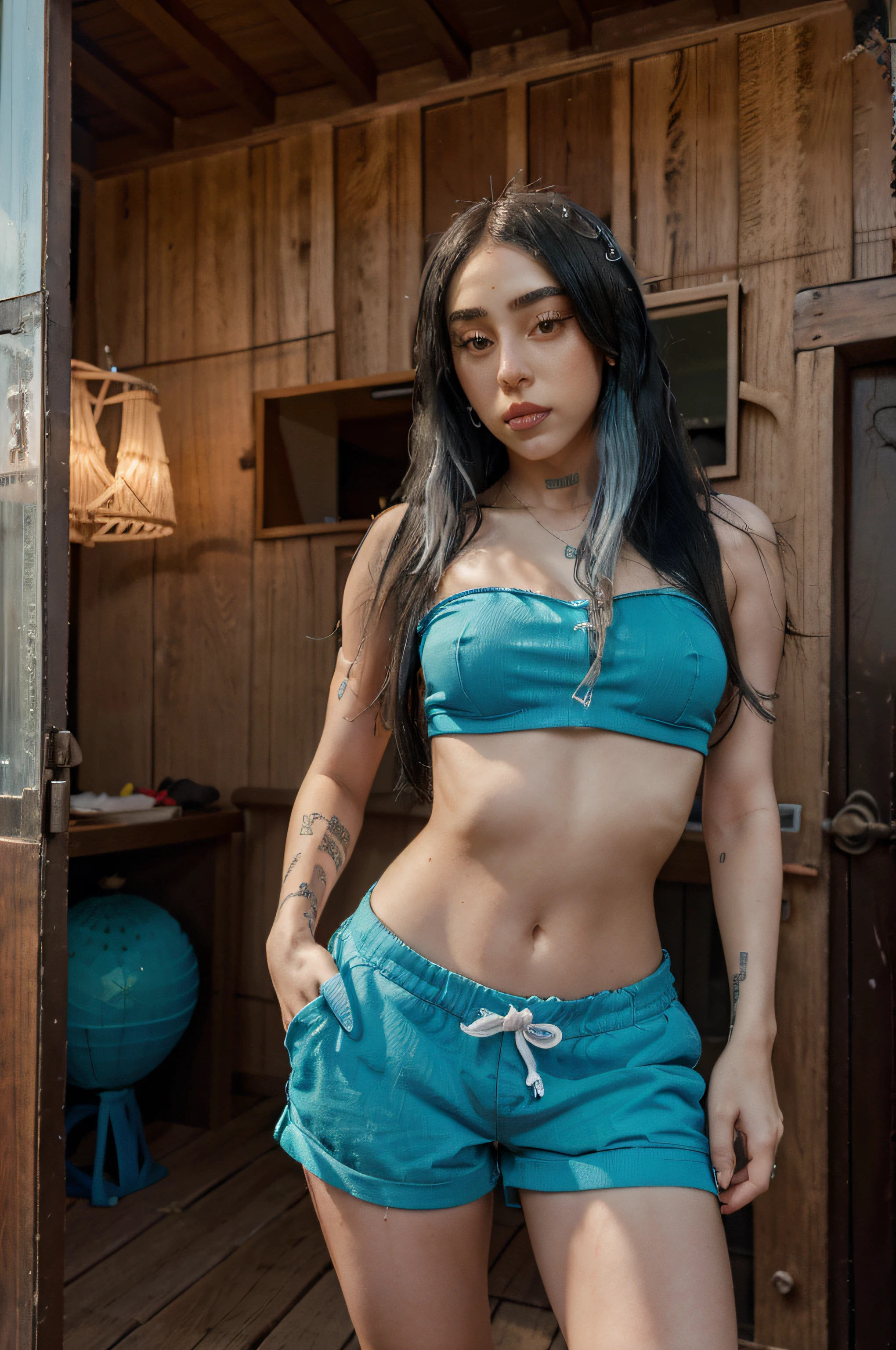 Nicki Nicole vestida (a woman) con shorts de mezclilla azul y blusa con escote posando sensualmente en el marco de una puerta, figura delgada, figura esbelta, cabello negro, cabello largo,