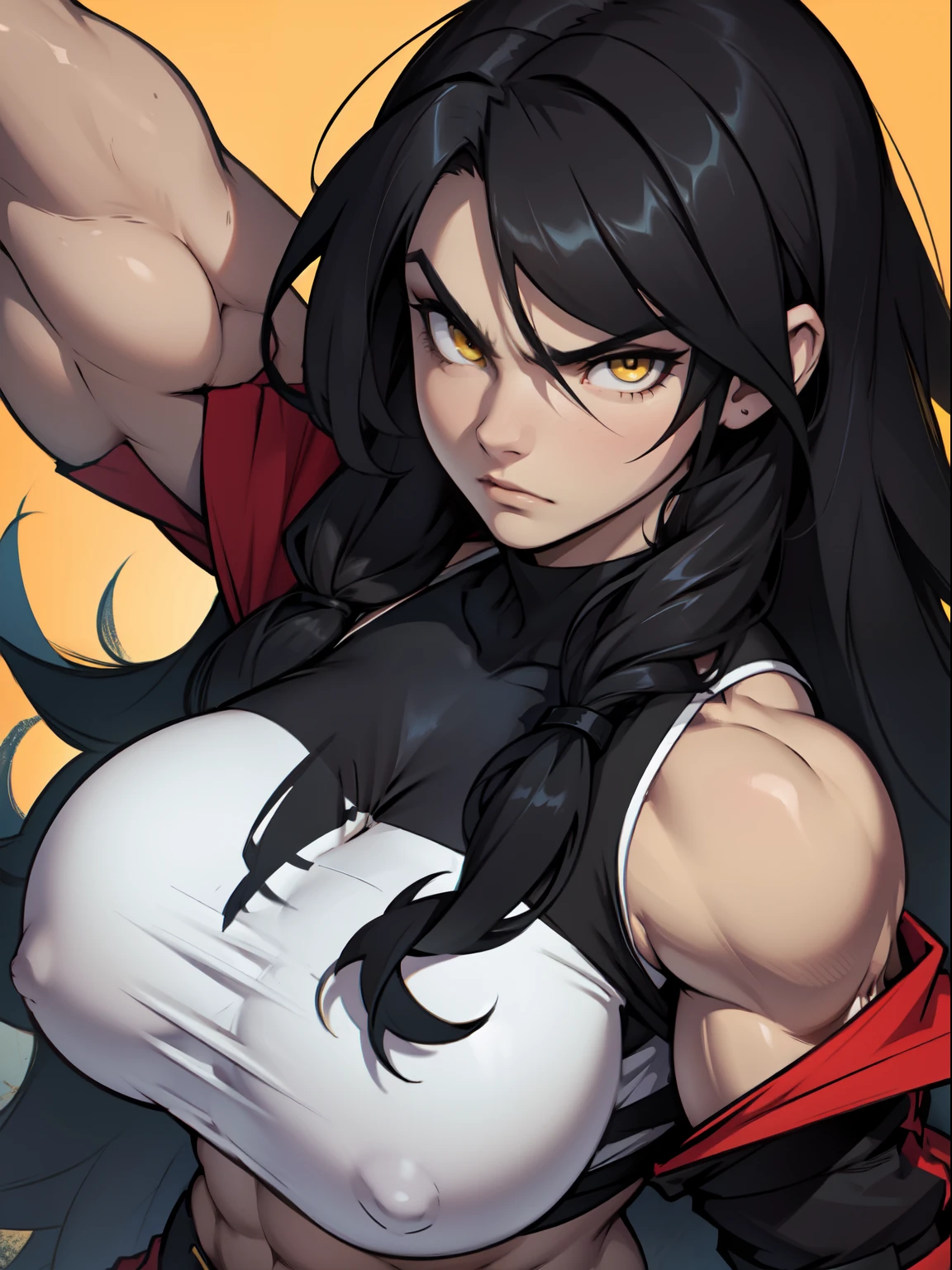 angry girl very long hair (((muscular))) pale skin black hair yellow eyes huge breasts