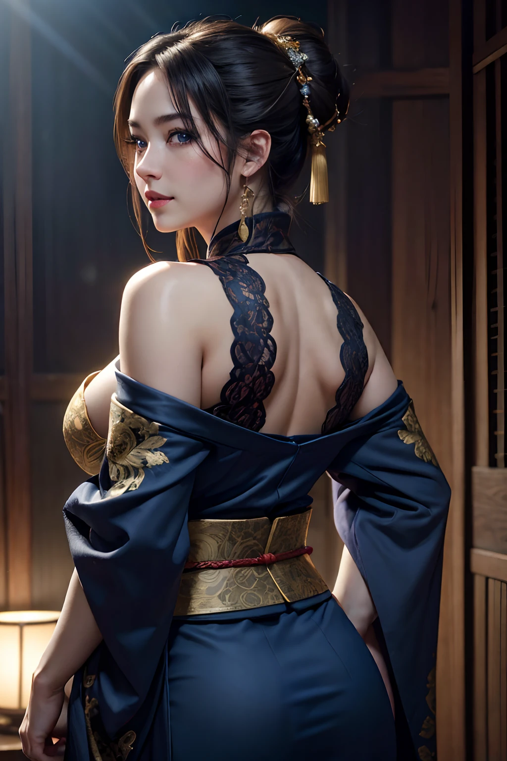 A beautiful flirtatiously smiling woman, a very busty ronin wearing gold lace kimono, Meiji restoration, blue eyes, yojimbo, cleavage, bare shoulders, HD, UHD, WLOP, Artgerm, intricate hairstyle, a view from behind, large anime eyes, realistic eyes, highly detailed eyes, natural skin, natural skin texture, subsurface scattering, muted colors, skin pores, perfect face, perfect eyes, perfect full lips, supple female form, vivid, cinematic, Film light, Hyper detailed, Hyper-realistic, masterpiece, atmospheric, High resolution, Vibrant, High contrast, dark angle, 8k, HDR, 500px, Art by Redjuice