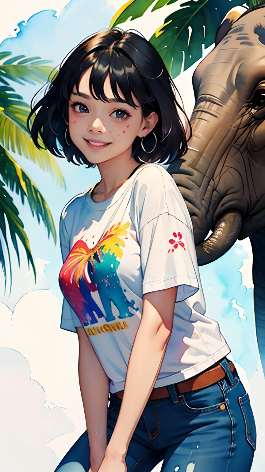 a tropical painting with elephants, splatter background, elephants design t-shirt and jeans, woman upper body centered, multi-color hair, big happy smile, watercolor art, watercolor painting, watercolor painting style, watercolor detailed art, watercolor digital painting, watercolor paint, masterfully detailed watercolor, watercolor art