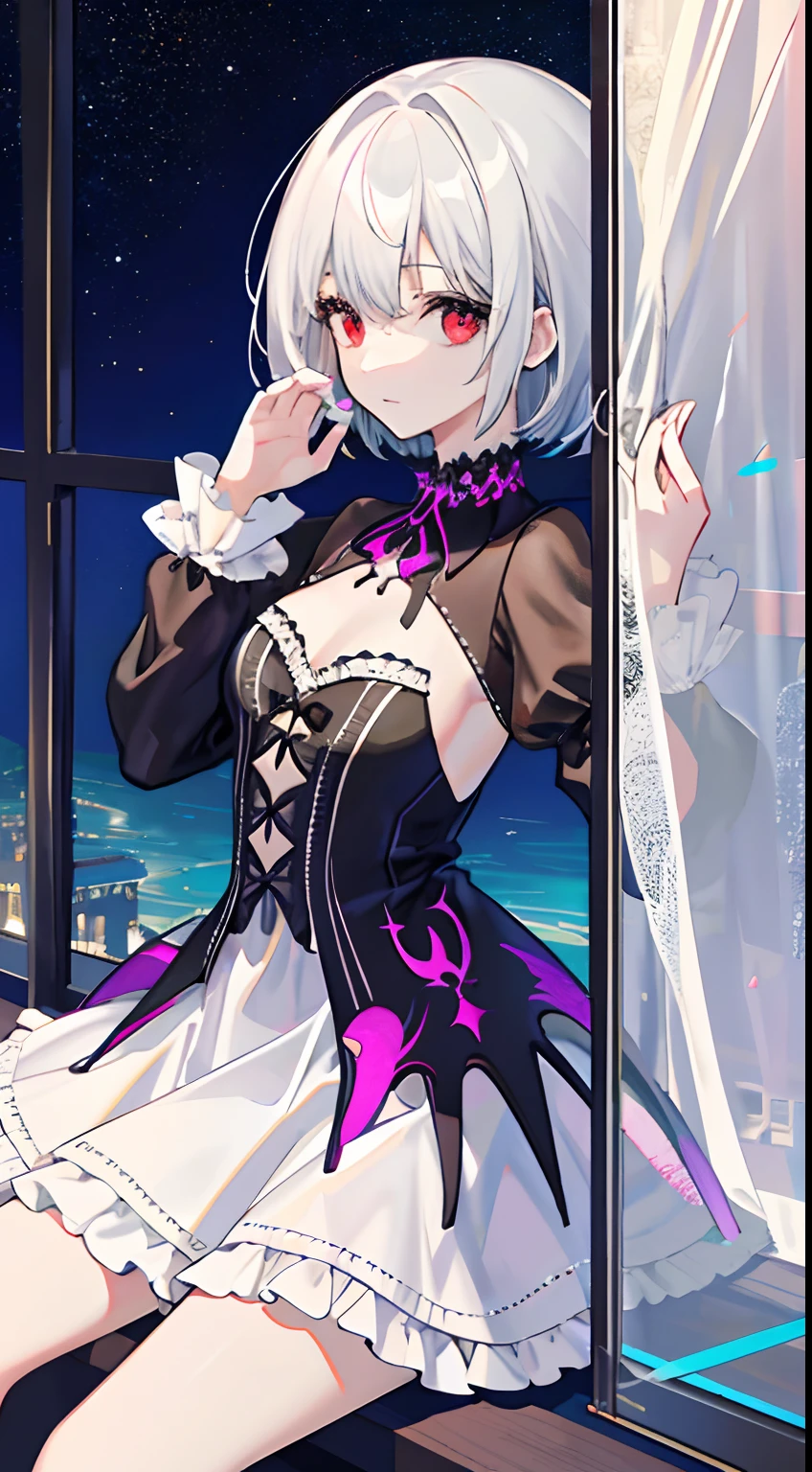 realisticlying,(tmasterpiece,top Quority,best qualtiy,offcial art,Beauty and aesthetics:1.3),Very detailed,s fractal art,highly colorful,best detailed,(abstract background:1.2)(1girl in:1.3),Gothic,ta prostitute,silver white hair,Red Eyes,Shy,Comb back,short detailed hair,dream magical,Black Trim,Beautiful detailed sky,(NSFW:0.8)Delicate Reflective High Glass Guardrail Panel