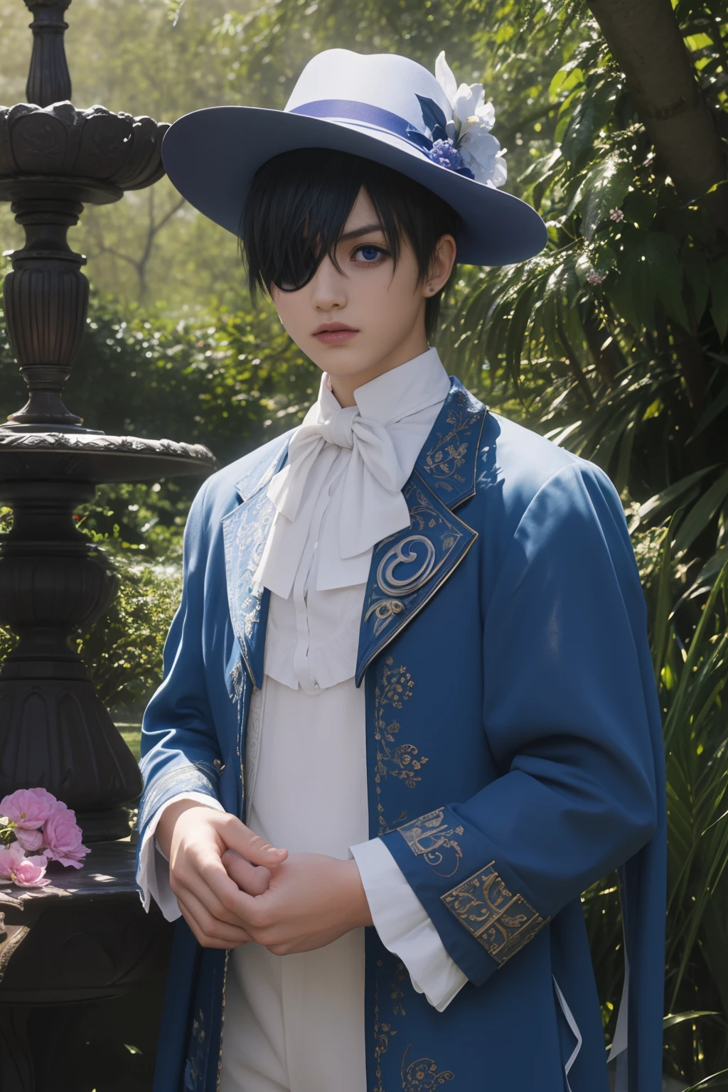 (best quality,4k,8k,highres,masterpiece:1.2),ultra-detailed,(realistic,photorealistic,photo-realistic:1.37),portrait,anime,Ciel Phantomhive,boy,10 years old,naked,dark hair,intense gaze,pale complexion,royal attire,classical Victorian style,elegant clothing,fine stitching,feathered brimmed hat,golden accents,deep blue eyes,purple eye patch,detailed eyelashes,exquisite facial features,serious expression,confident posture,standing in a majestic garden,manicured hedges,ornate stone statues,elaborate fountain,blooming roses,soft natural lighting,dramatic shadows,subtle lens flare,vibrant colors,rich color scheme,royal purple,royal blue,delicate pastel tones,gentle sunlight streaming through leaves.