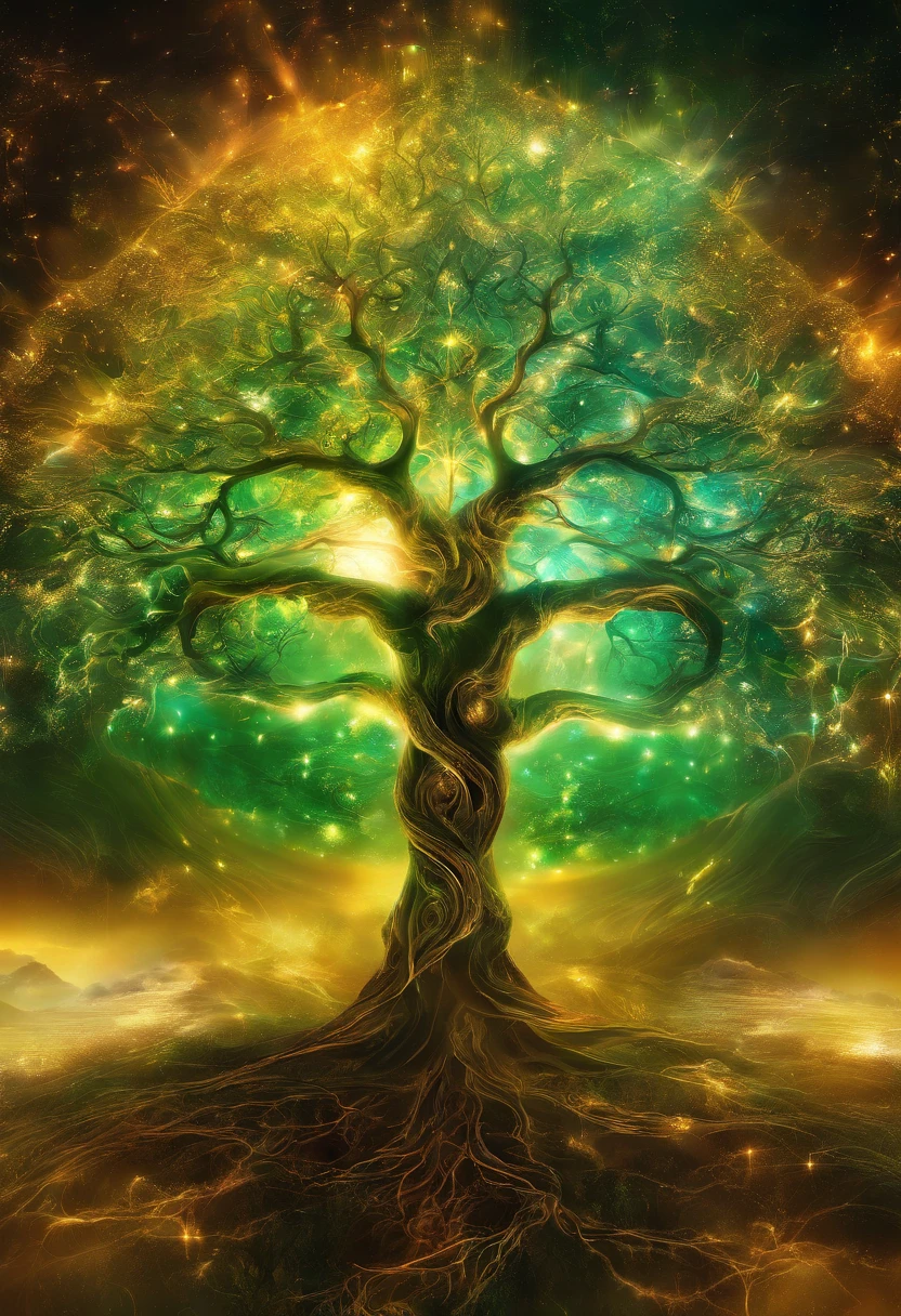 Photo of a radiant energy art with the Tree of Life as its central motif. The tree stands tall with intertwining roots and branches, glowing in hues of gold and green, symbolizing interconnectedness and the cycle of life amidst a backdrop of cosmic energy.
