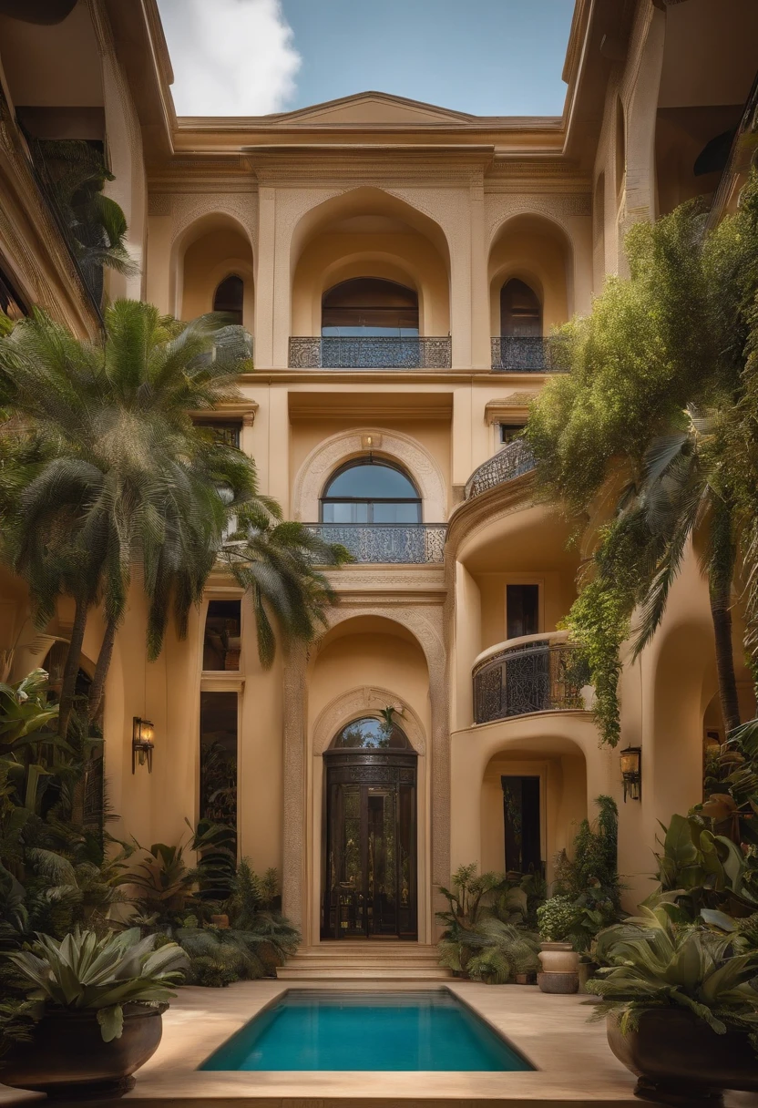 I want the outward look of a mansion if two stories, gigante, A mix of modern and classic architecture pushing more for the modern , have Egyptian touches in general, incluindo as cores, sendo eles mais queimados e dourados e branco , will have a greenhouse + quiosque + piscina + jardim na parte dos fundos quero que passe um ar de luxo e riqueza