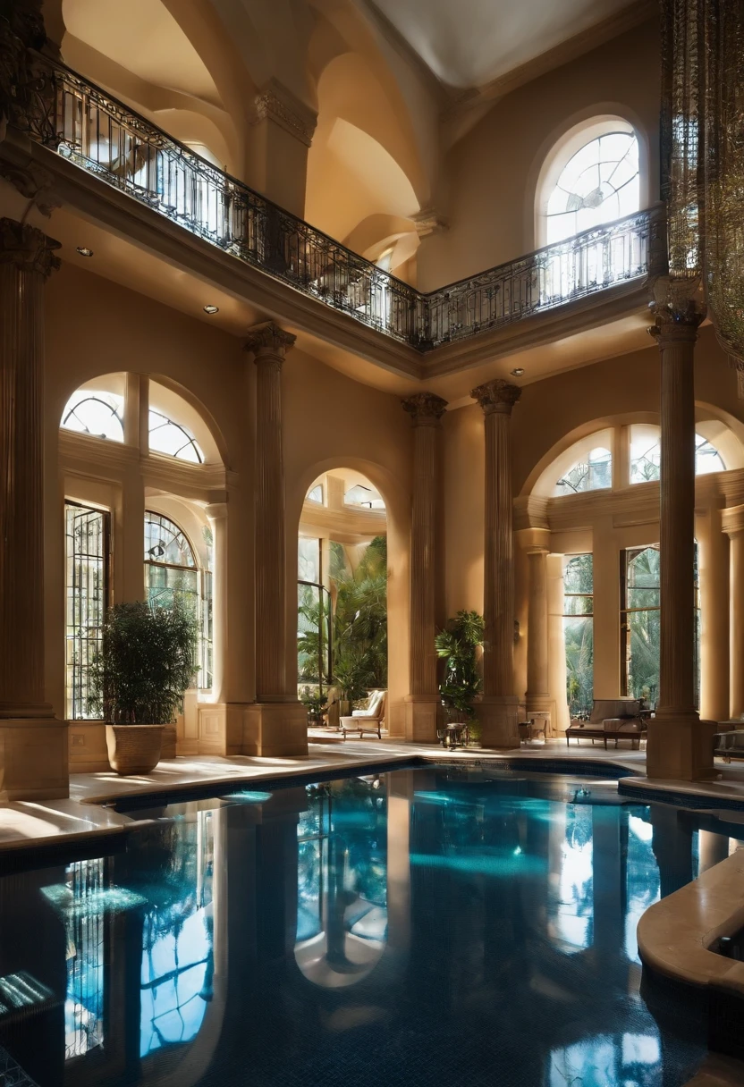 I want the outward look of a mansion if two stories, gigante, A mix of modern and classic architecture pushing more for the modern , have Egyptian touches in general, incluindo as cores, sendo eles mais queimados e dourados e branco , will have a greenhouse + quiosque + piscina + jardim na parte dos fundos quero que passe um ar de luxo e riqueza