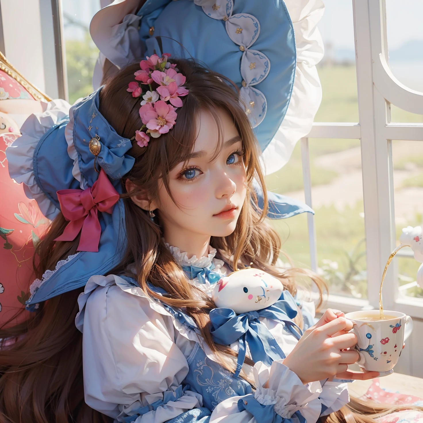 Masterpiece, best quality, beautiful girl, long hair, brown hair, light blue eyes, sanrio, realistic skin texture, realistic clothes texture, realistic hair, realistic, 8k resolution, holding a cup of tea