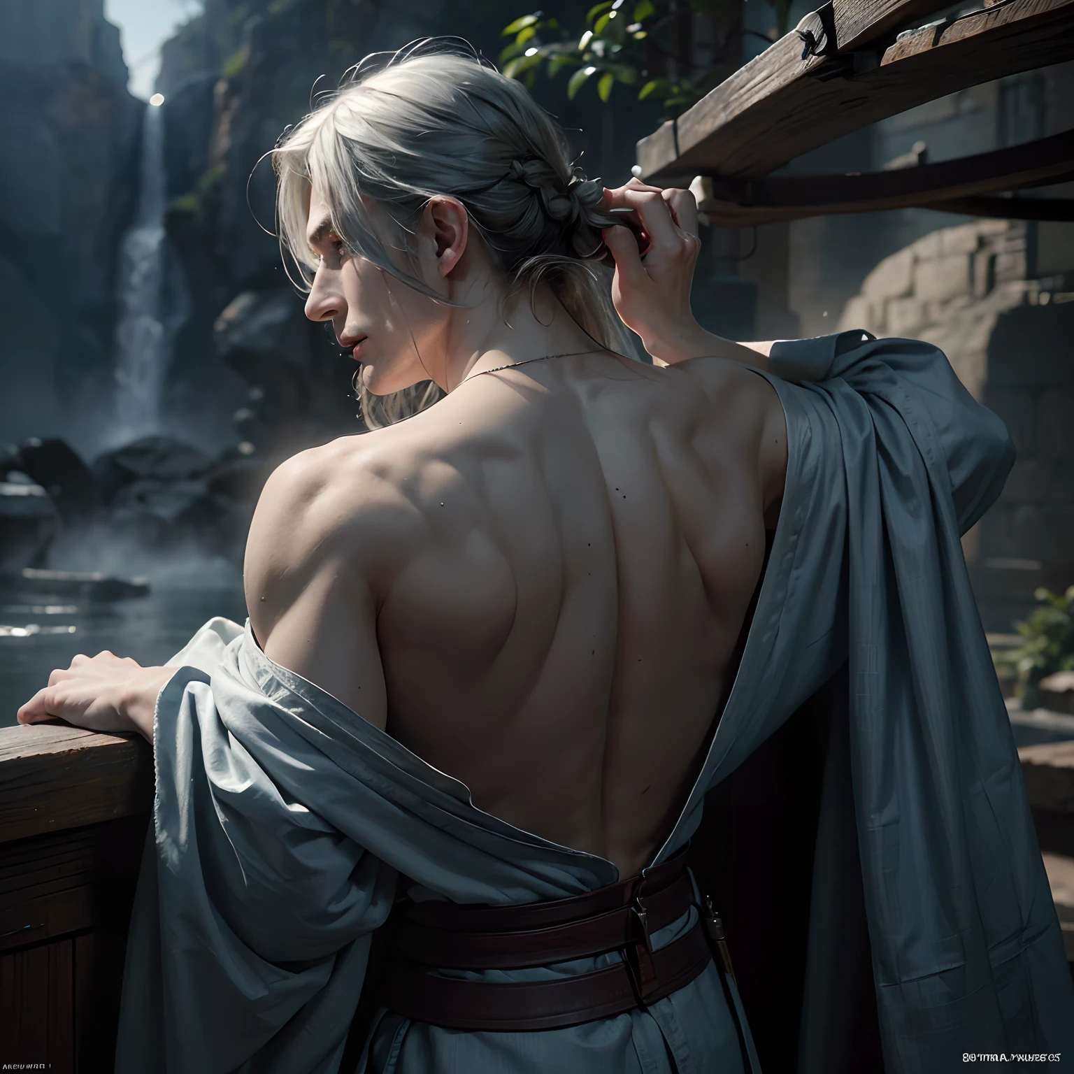 (Closer up) 1man, 25 y/o, long white hair with back slit, man half naked, in hot spring, muscular, judge blue robe, handsome young gentleman, Legolas, Leon Scott Kennedy, Mads Mikkelsen, intricate, solo focus, realistic, dynamic pose realistic, detailed and correct facial structure, handsome, attractive, slightly muscular, cinematic lighting, unreal engine, trending on ArtStation, intricate details, masterpiece, best quality, by Irakli Nadar, Greg Rutkowski，(((best quality))),(((ultra detailed))),(((masterpiece)))