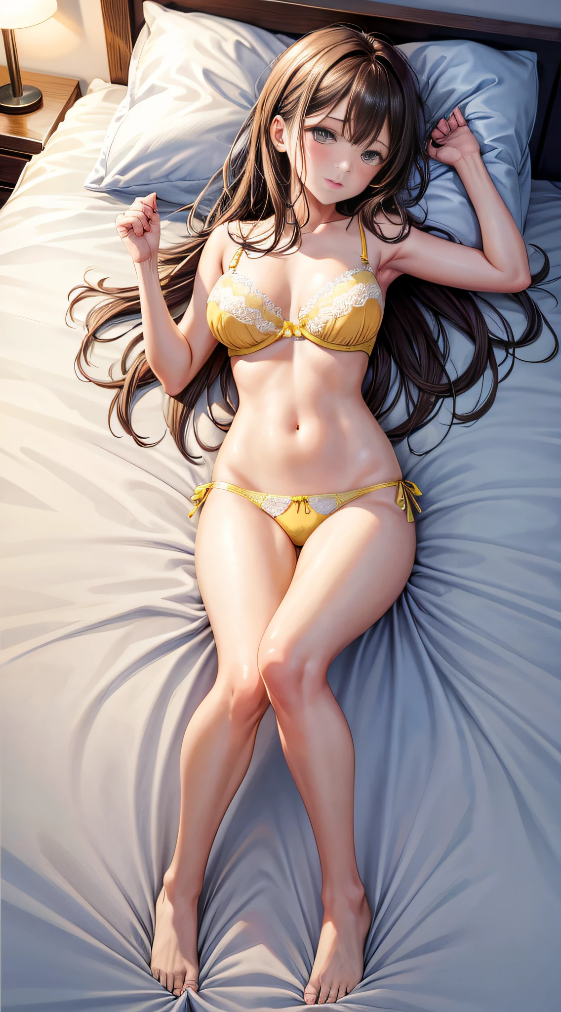 top-quality、Bedroom、Girl in underwear lying on bed、Kamimei　Sexy bra in yellow　Lace pantie、Sex Pre、Full body、Shyness　Long dark brown hair　large full breasts　Chest Emphasis Pose　cute little　whiteshirt