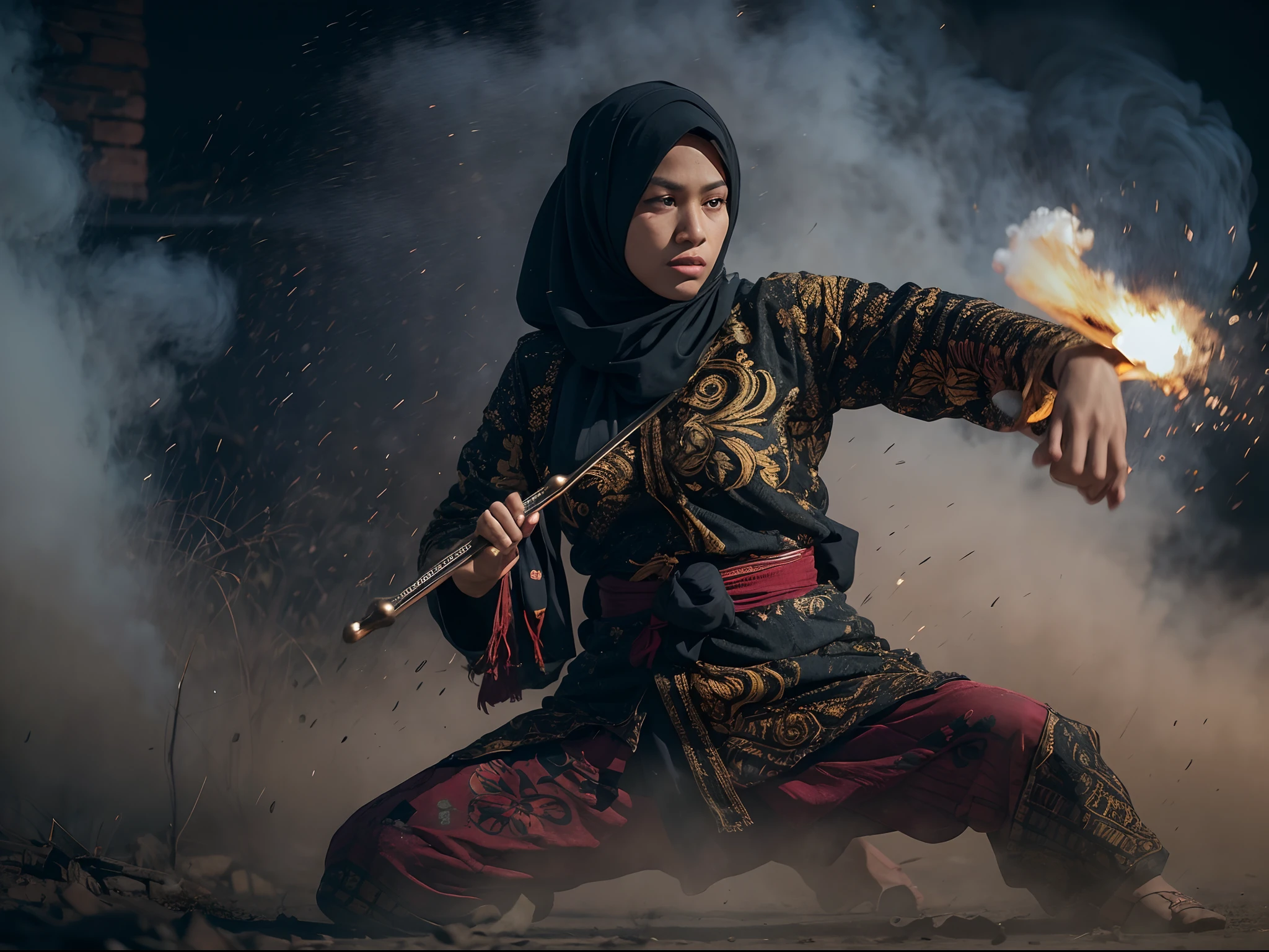 2 hijab malay woman heroin/warrior in fighting scene using keris, batik & songket costume,action silat, dark night background, a lot of smoke effect in below, Super 8mm lense, Low angle shot, bright color grading, depth of field, western, high quality, ultra detailed, 8k resolution