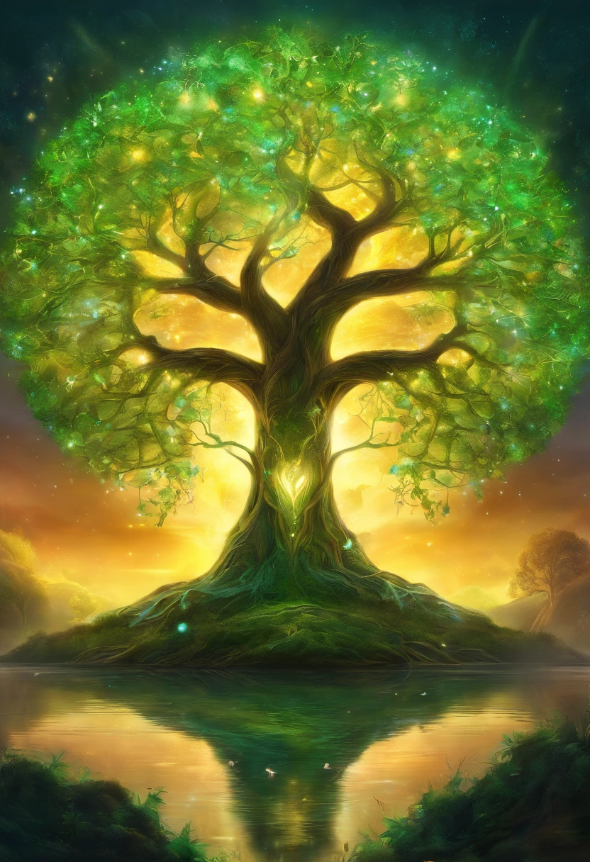 Photo of a radiant energy art with the Tree of Life as its central motif. The tree stands tall with intertwining roots and branches, glowing in hues of gold and green, symbolizing interconnectedness and the cycle of life amidst a backdrop of cosmic energy.